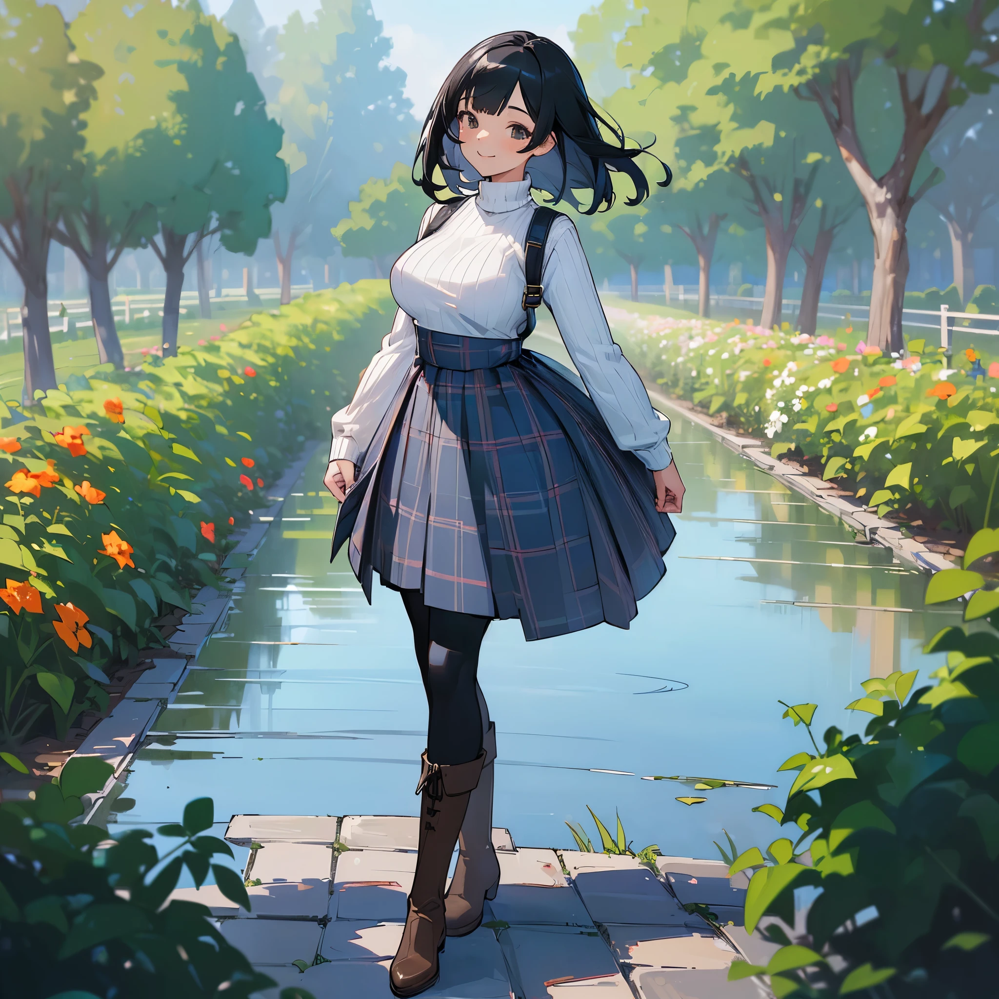 (high quality, high resolution, Super detailed, Reality:1.37), peaceful atmosphere, (outdoor, garden), girl standing alone, (My breasts are big.), Beautiful detailed features, cute smile, (black bob hair), ribbed sweater, blue plaid skirt, Black tights, brown boots.