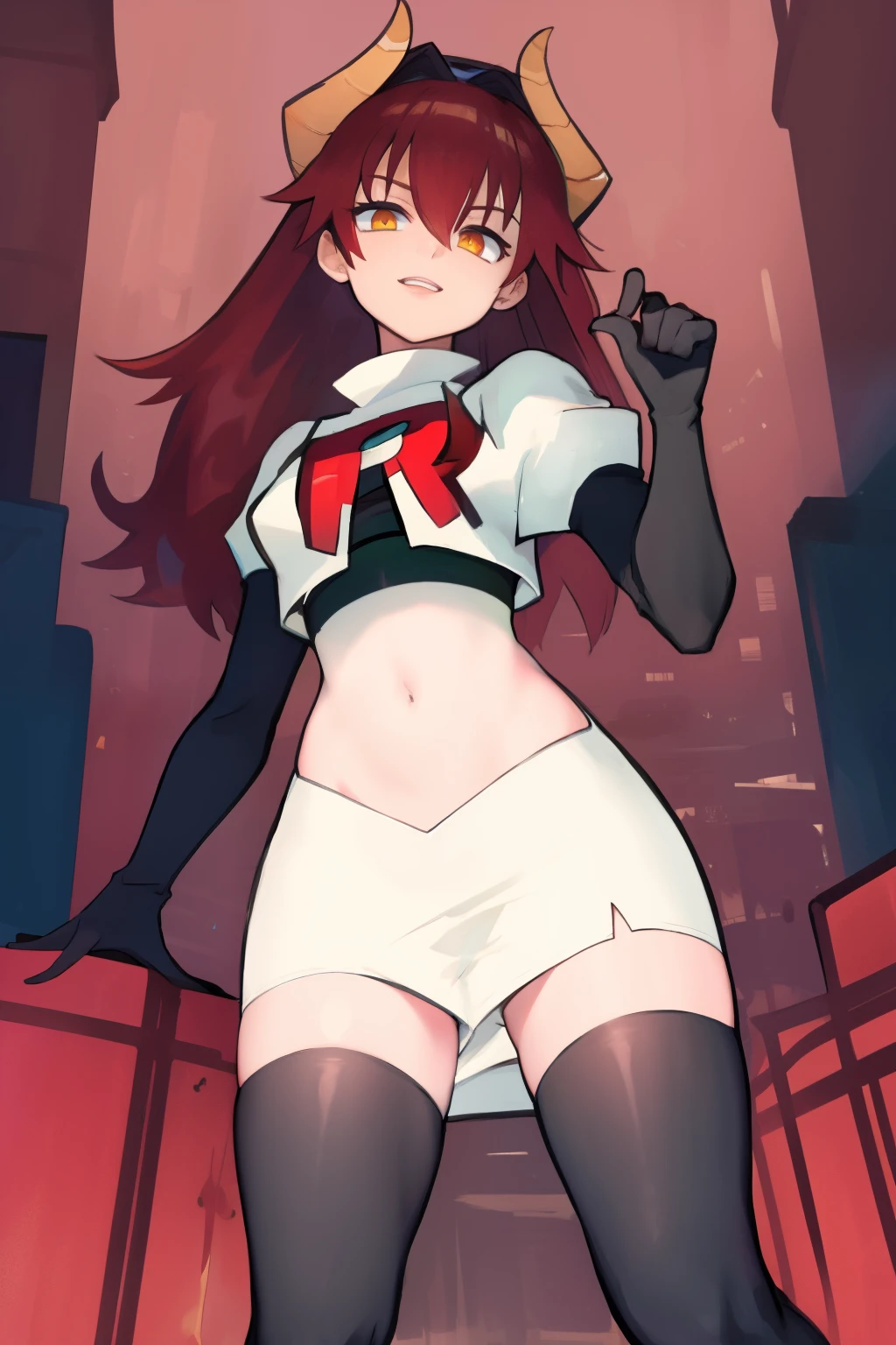 masterpiece, detailed, high quality, absurdres, zentreyad_dragon, team rocket,team rocket uniform, red letter R, white skirt,white crop top,black thigh-highs, black elbow gloves,