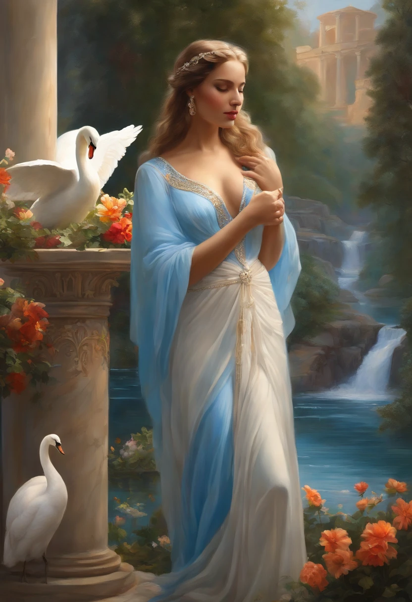 Painting of a beautiful woman, a true Goddess of beauty, half-naked, in light, flowing blue clothes, hugging a white swan, in the background a garden with a lake and waterfalls, colorful flowers and Greek columns