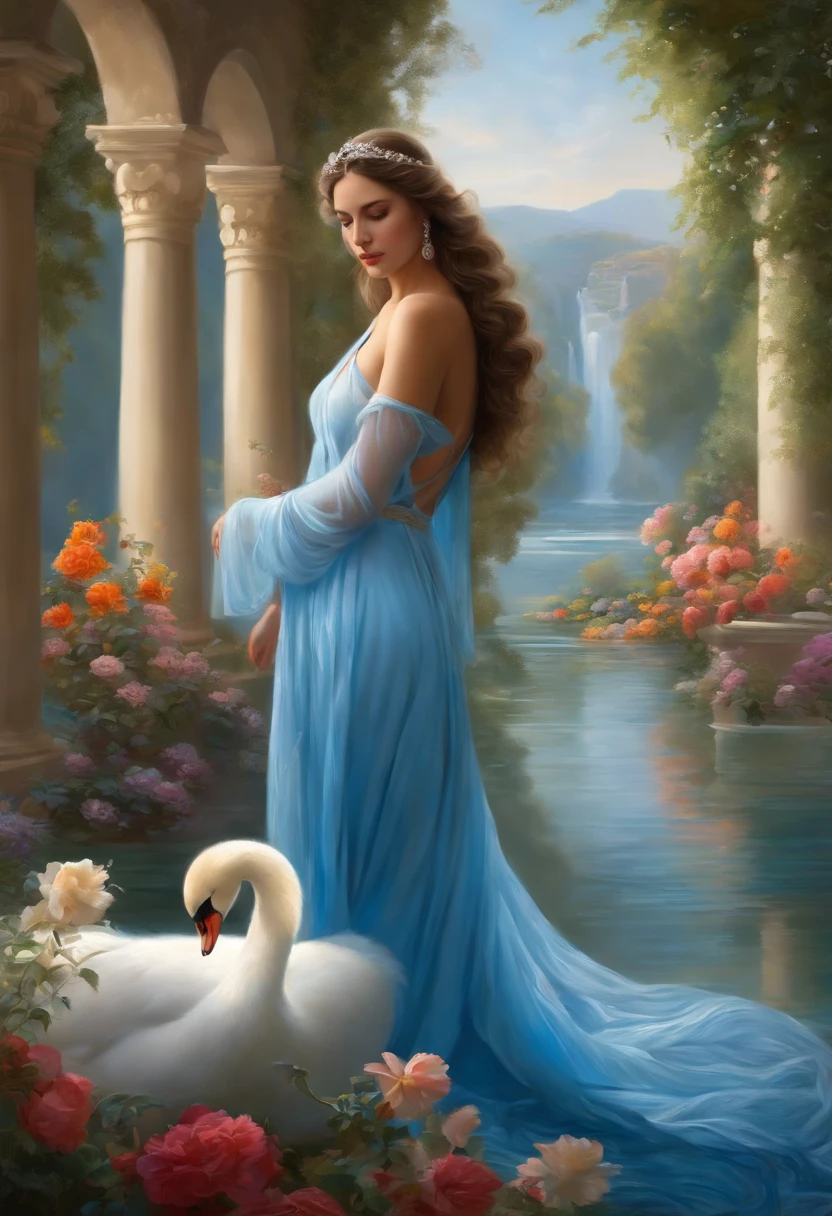 Painting of a beautiful woman, a true Goddess of beauty, half-naked, in light, flowing blue clothes, hugging a white swan, in the background a garden with a lake and waterfalls, colorful flowers and Greek columns