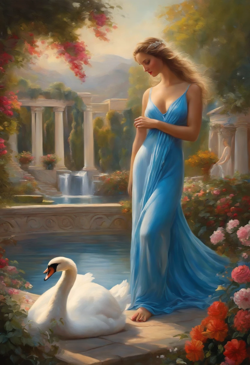 Painting of a beautiful woman, a true Goddess of beauty, half-naked, in light, flowing blue clothes, hugging a white swan, in the background a garden with a lake and waterfalls, colorful flowers and Greek columns