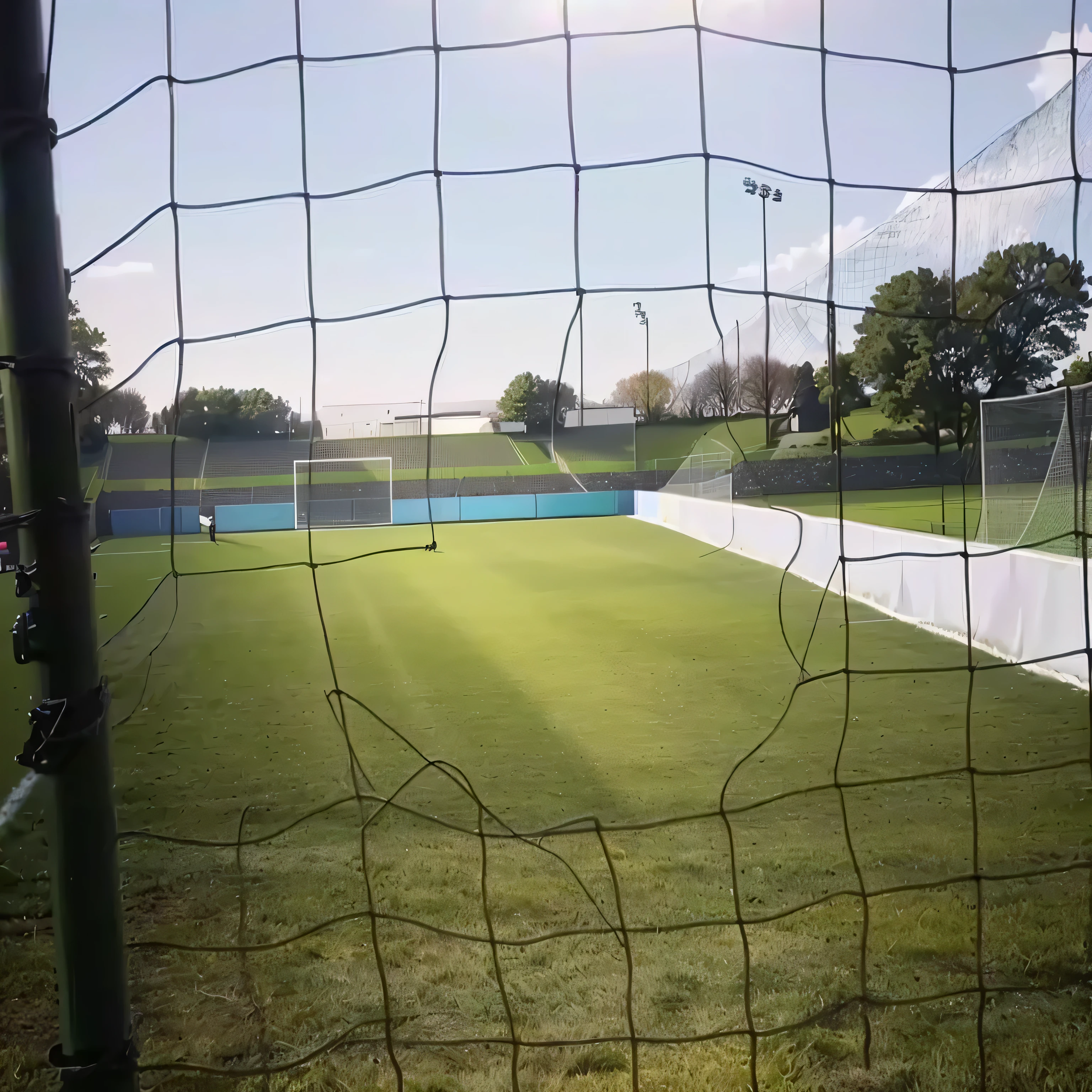 Football field with football net and football field, View from the ground, completely empty. (best quality, 4K, 8k, high resolution, masterpiece:1.2), Super detailed, (actual, photoactual, photo-actual:1.37) Scenes. The fields are vibrant green, Divide it into sections with perfectly marked white lines. The grass  luxuriant，Very well maintained, The texture of the blade  visible up close. Football nets are made of sturdy materials, white mesh, it hangs behind the goal post. The net  taut and undamaged.

The venue  naturally brightly lit, As the sun shines, Soft shadows on the grass. There  no cloud in the sky, and the sun's rays illuminate the Scenes with a warm golden hue. The contrast between sunlit areas and shadows creates depth and richness in the image.

in the distance, Beyond the realm, Empty stands bathed in sunlight. Seats are clean、Lined up neatly, Waiting for the audience to fill it up. The stands are made of metal, Features a shiny silver surface that reflects sunlight. The stairs leading to the lounge area are wide and sturdy, Invite people to climb up and take a seat.

The Scenes  captured in a breathtaking shot, Shot with iPhone 11 Pro Max. The shooting angle  slightly raised, Comprehensive capture of vast areas. Composition: Carefully compose the picture, The edges of the field align perfectly with the edges of the image.

The colors in the image are bright and saturated, The green of the grass blooms against the blue sky. Shadows add depth and dimension to the overall palette. Images have high dynamic range (human development report), enhancing the details and contrast in the Scenes.

The image  Super detailed, Every blade of grass and every line on the court  clear and sharp. Visible mesh texture, The details of the stands are also rendered very delicately.. The image  a masterpiece, Showcasing the beauty and precision of a football field.

comprehensive, the Scenes depicts a serene and pristine football field, A true paradise for football lovers. Empty fields spark imagination and excitement, Full of expectations from players and spectators. Images capture the essence of the sport, The excitement of running across the fields, and the thrill of scoring a goal.