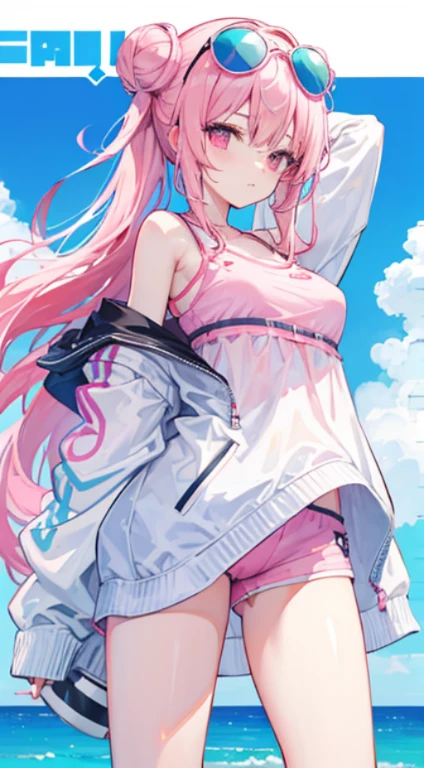 Light pink curls，long whitr hair，Pink eyes，girl，Hair scattered behind him，There  a ball head tied to the head，Slanted hair curtains，He wears a very cute sunglasses on his head，White off-the-shoulder sports short sleevelack sports shorts，Pink off-the-shoulder coat，anime illustrated，The color of the picture fades from blue to pink，夏天，beachside，