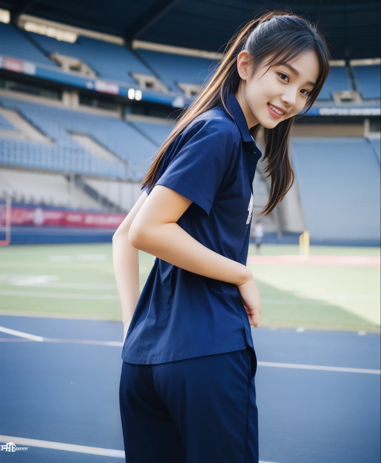 (best quality,10,10,height,Masterpiece:1.2),very detailed,(realistic,ภาพrealistic,Realistic photos:1.37),1 cute girl on the football field,shiny, ผิวshiny,only,smile softly,BDclothelue shirt:1.3)),short sleeve,shirt, กางเกงขาlong.,(navy_long_ติดตามกางเกงขาlong:1.1), ((stadium background:1.3)),Dynamic angle,excited,Face focus,dynamic poses,from behind,Focus on the ass.,Masterpiece, best quality, ultra realistic, very detailedเกินไป, 8k resolution, raw photos, Sharp focus, ((Navy blue shirt:1.1)), short sleeve, เส้นทางlong, perfect bodyแบบ, 2 mature women, 18 years old, Cinema-grade lighting system,กางเกงขาlongวอร์มสีน้ําเงิน,exercise clothes,correct anatomy,perfect body, correct body, Sharp face, correct bodyทางกายวิภาค, full body, realistic gestures, long-haired, realistic 