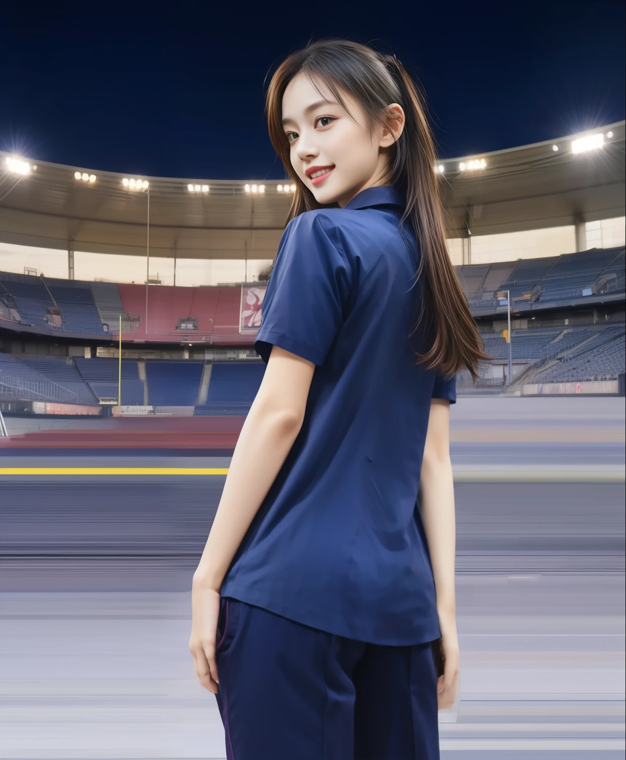 (best quality,10,10,height,Masterpiece:1.2),very detailed,(realistic,ภาพrealistic,Realistic photos:1.37),1 cute girl on the football field,shiny, ผิวshiny,only,smile softly,BDclothelue shirt:1.3)),short sleeve,shirt, กางเกงขาlong.,(navy_long_ติดตามกางเกงขาlong:1.1), ((stadium background:1.3)),Dynamic angle,excited,Face focus,dynamic poses,from behind,Focus on the ass.,Masterpiece, best quality, ultra realistic, very detailedเกินไป, 8k resolution, raw photos, Sharp focus, ((Navy blue shirt:1.1)), short sleeve, เส้นทางlong, perfect bodyแบบ, 2 mature women, 18 years old, Cinema-grade lighting system,กางเกงขาlongวอร์มสีน้ําเงิน,exercise clothes,correct anatomy,perfect body, correct body, Sharp face, correct bodyทางกายวิภาค, full body, realistic gestures, long-haired, realistic