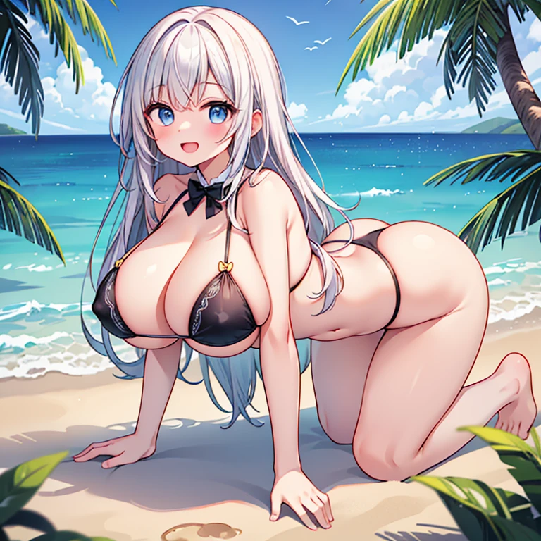 (masterpiece,best quality, detailed,hires:1.4),1girl,,(solo:1.4),on the beach,sea,fine sky,day,all fours,BREAK,detailed long hair,detailed face,detailed shining eyes,bloom,glowing,shine skin,white super small micro bikini,(huge breasts:1.4),(cleavage,under boob,side boob:1.4),(happy:1.4),blush,cowboy shot,from below,back,butt,(feet are outside the viewer:1.4),