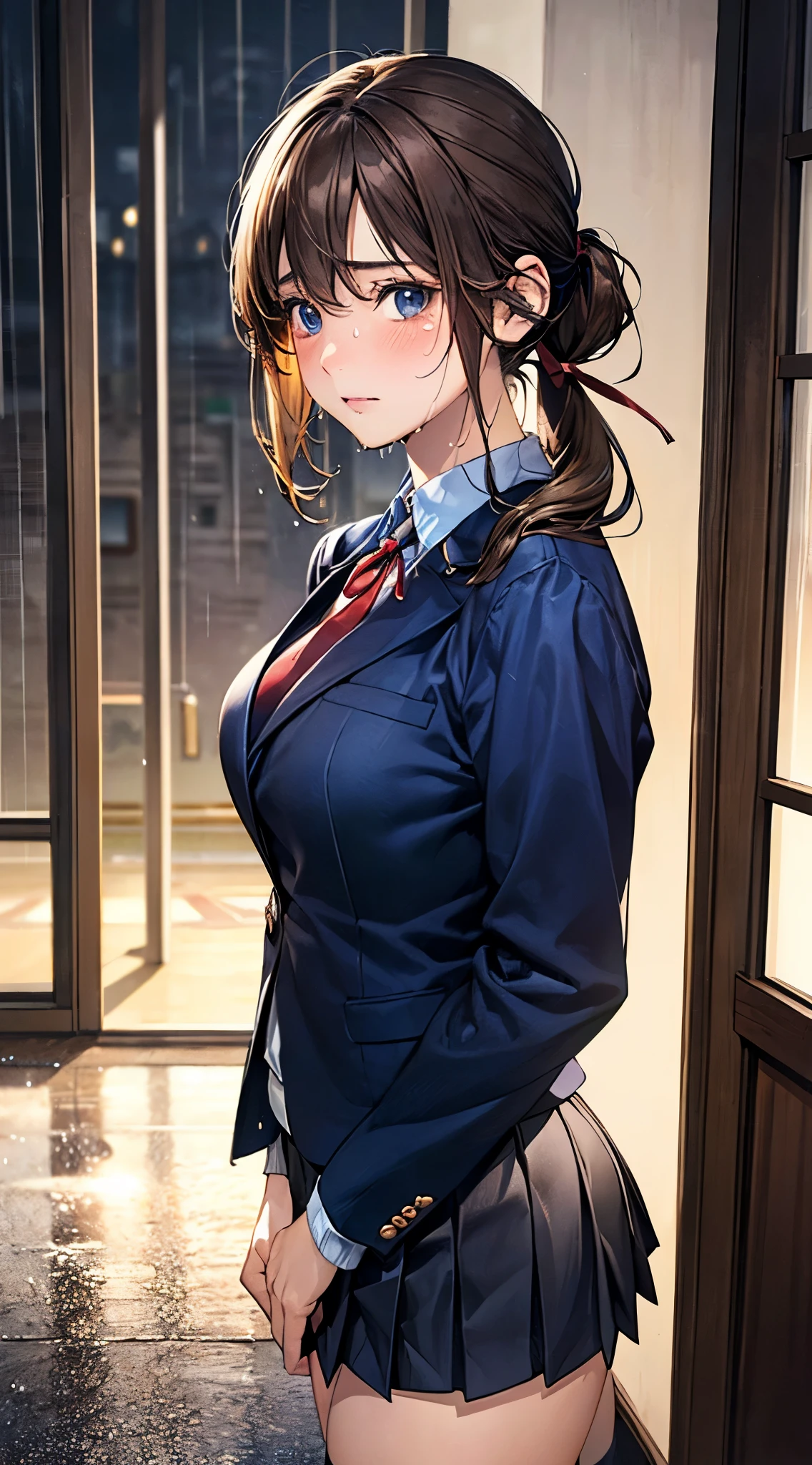 (masterpiece:1.2, top-quality), (realistic, photorealistic:1.4), beautiful illustration, (natural side lighting, movie lighting),
looking at viewer, cowboy shot, front view, close-up, 1 girl, japanese, high school girl, perfect face, cute and symmetrical face, shiny skin,
(middle hair:1.5, side ponytail:1.6, light brown hair), hairline, asymmetrical bangs, blue eyes, long eyelasher, (large :0.9, thick thighs),
beautiful hair, beautiful face, beautiful detailed eyes, beautiful clavicle, beautiful body, beautiful , beautiful thigh, beautiful legs, beautiful fingers,
((navy blazer, light blue collared shirts, navy pleated , socks, red ribbon tie)), pink ,
(beautiful scenery), (((evening), rain:ainy, wet body)), cityscape, curtains, walking, hands on , (tearful, upper eyes),