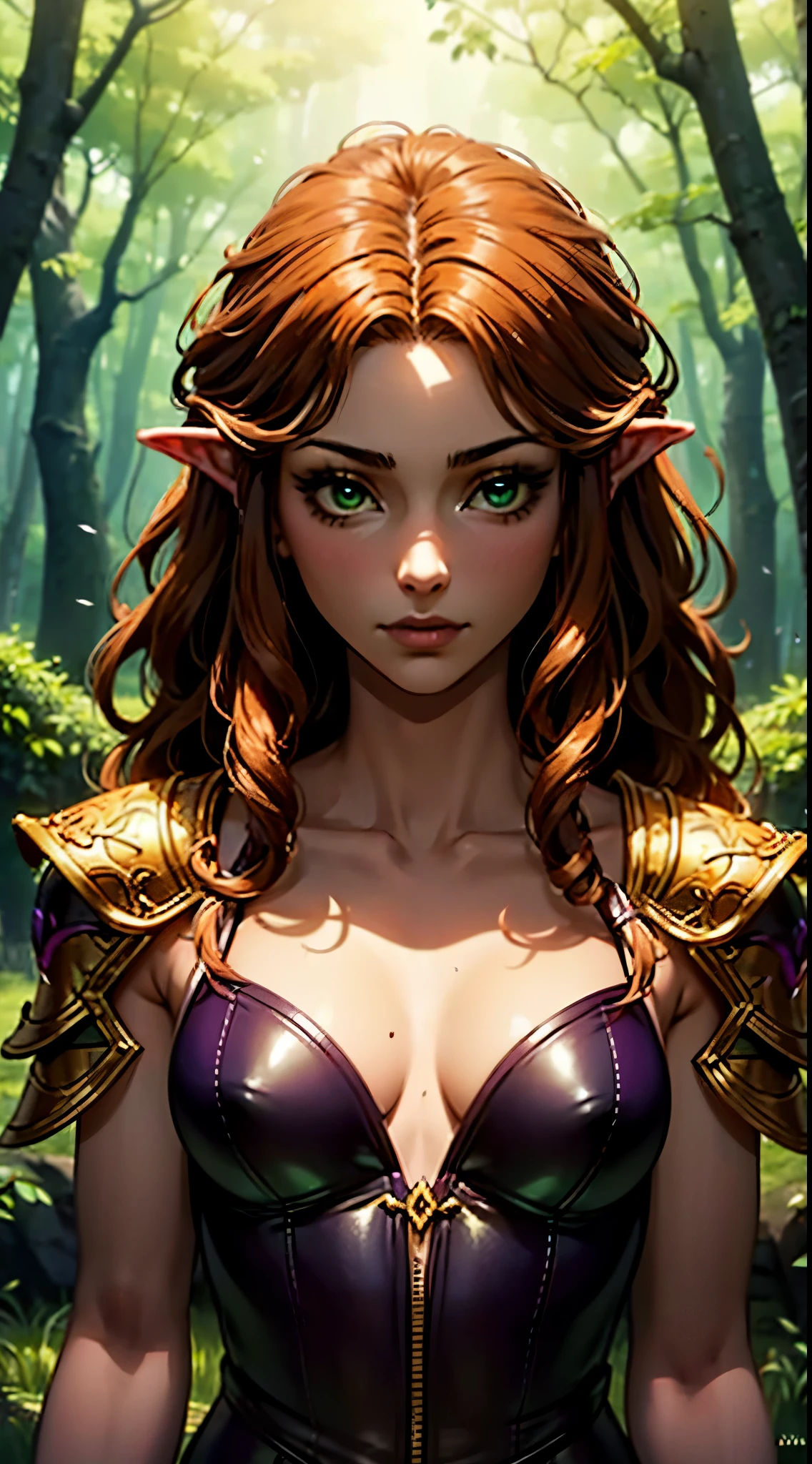 masterpiece, highly-detailed, hyper realistic, full-body shot of a small beautiful druid female laying on her back in the grass in the middle of the forest, perfect face features, thin deer-like nose, thick kissable parted lips, expressive glowing green eyes with sad look, pointy ears, curly ginger hair, stag horns, perfect small size body shape curvy and fit, hooved feet, Deer-like feet
