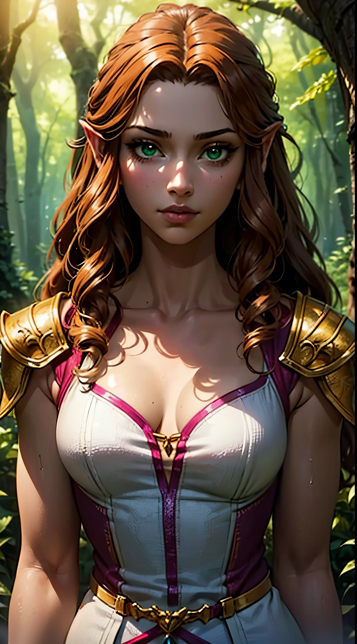 black skin, Detailed beautiful young woman, reddish-golden hair, length, Wavy and messy hair, Destyled perfect green eyes, Delicate, symmetrical, realistic and beautiful face, (magical forest background),  Ranger Costume Leather Armor, goblin, Wildflowers blending into your hair, whole body, masterpiece, disorganized,small details, rich colors, dramatic lighting, very detailed, cinematic lighting