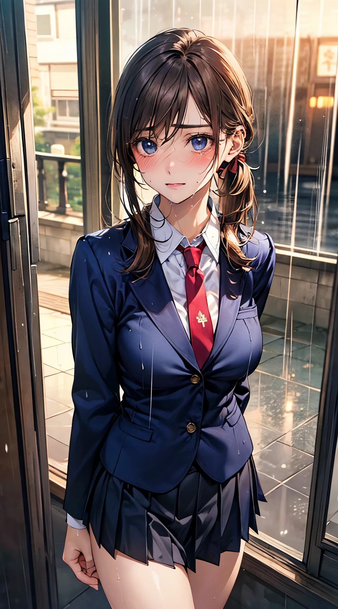 (masterpiece:1.2, top-quality), (realistic, photorealistic:1.4), beautiful illustration, (natural side lighting, movie lighting), 
looking at viewer, cowboy shot, front view, close-up, 1 girl, japanese, high school girl, perfect face, cute and symmetrical face, shiny skin, 
(middle hair:1.5, side ponytail:1.6, light brown hair), hairline, asymmetrical bangs, blue eyes, long eyelasher, (large breasts:0.9, thick thighs), 
beautiful hair, beautiful face, beautiful detailed eyes, beautiful clavicle, beautiful body, beautiful chest, beautiful thigh, beautiful legs, beautiful fingers, 
((navy blazer, light blue collared shirts, navy pleated mini skirt, socks, red ribbon tie)), pink panties, 
(beautiful scenery), (((evening), rain:1.8, rainy, wet body)), cityscape, curtains, walking, hands on chest, (tearful, upper eyes), 