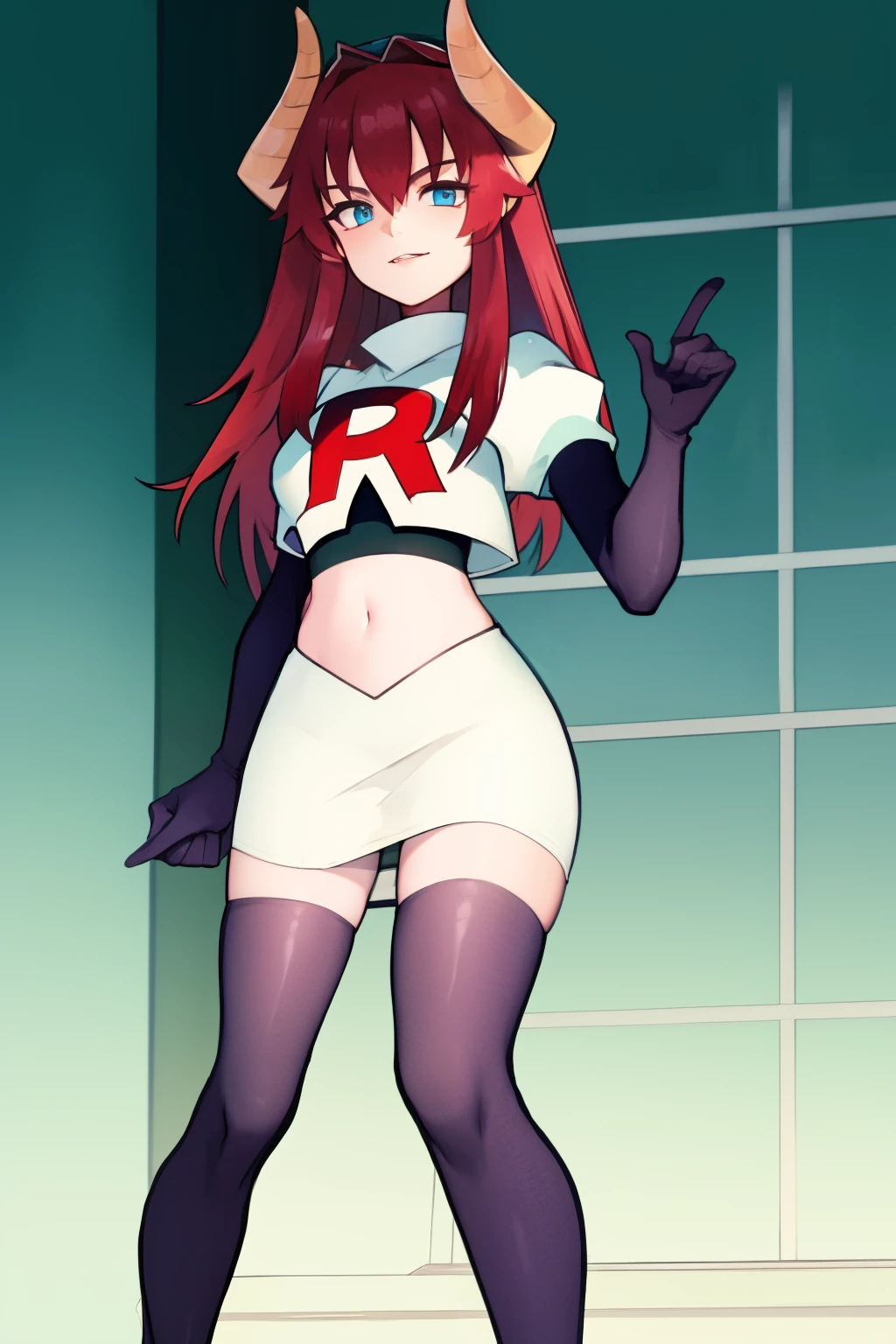 masterpiece, detailed, high quality, absurdres, zentreyad_dragon, team rocket,team rocket uniform, red letter R, white skirt,white crop top,black thigh-highs, black elbow gloves,