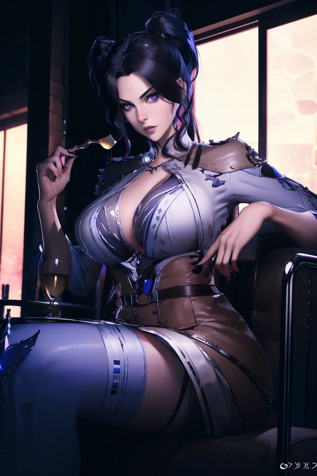 (natta:1.7), jpn, toyko, sickroom, Stand under the gaze,Dim lighting,Cool light, (nurse's outfit:1.3),cleavage, black_Hair,Long_Hair,Hair_Pulled_back,parted_Lips,purple_Eyes,pigtails,The blue mask used as a bra,The legs are wearing black stockings,Absolute realm,Erlang legs, 1个Giant Breast Girl,24 years of age,a mature female,Beautiful Finger,Beautiful long legeaturiful body,Beautiful nose,Beautiful character design,perfect eyes,s the perfect face,Take the plate,Champagne on a plate,blackstockings, looki at viewer,in the center of Image, NSFW,offcial art,Extremely detailed CG unifies 8K, 8K, Diamond, and wallpaper,Perfect lighting,Extremely colorful,Bright_Front_face_lighting, (tmasterpiece:1.0),(Best_quality:1.0), 超A high resolution,4K,Hyper-detailing, photography of, 8K, hdr, A high resolution, hoang lap:1.2, Kodak Portra 400, filmgrain, The background blurred out, Bokeh:1.2, Lens glare, (vibrant_Color:1.2) (big breasts beautiful,Large_Breasts:1.4), (Beautiful_face:1.5),(Narrow_waistup),