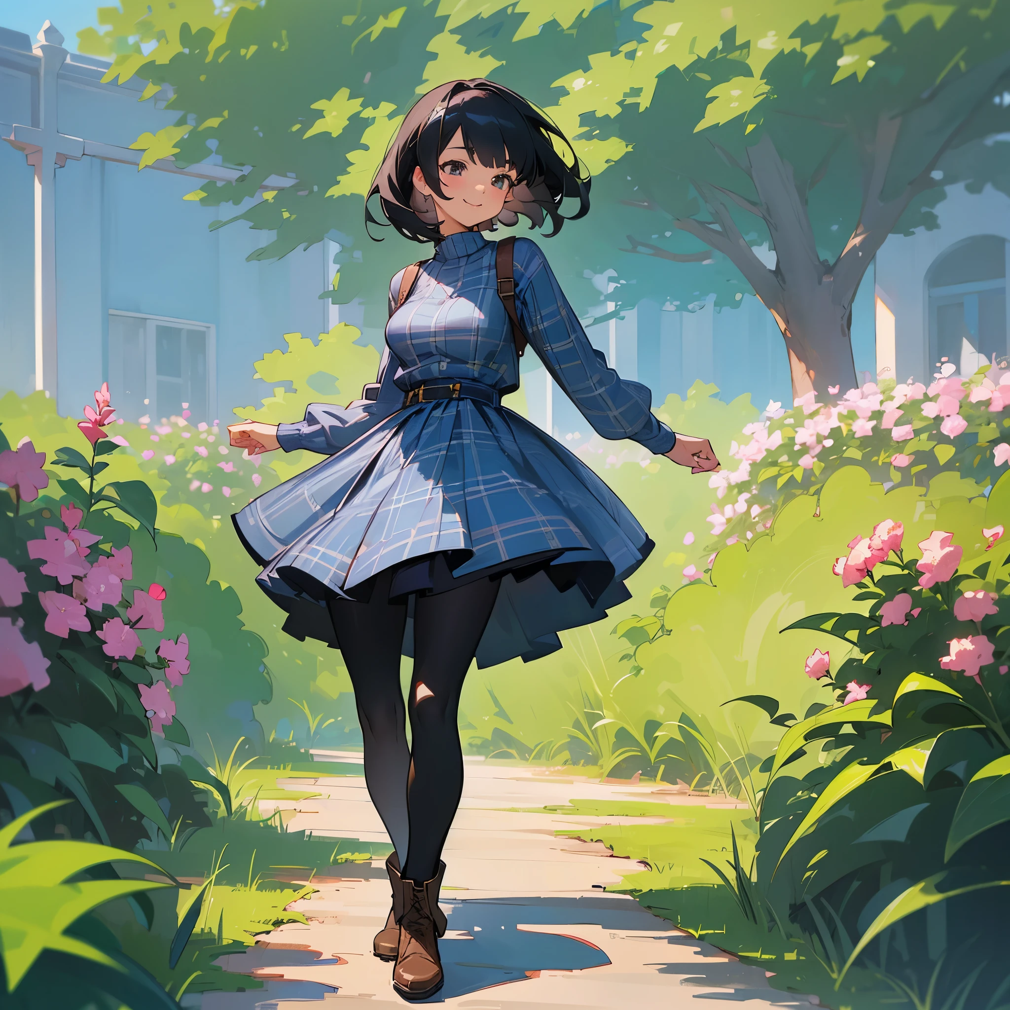 (high quality, high resolution, Super detailed, Reality:1.37), peaceful atmosphere, (outdoor, garden), age girl standing alone, (My breasts are big.), Beautiful detailed features, cute smile, (black bob hair), ribbed sweater, blue plaid skirt, Black tights, brown boots.
