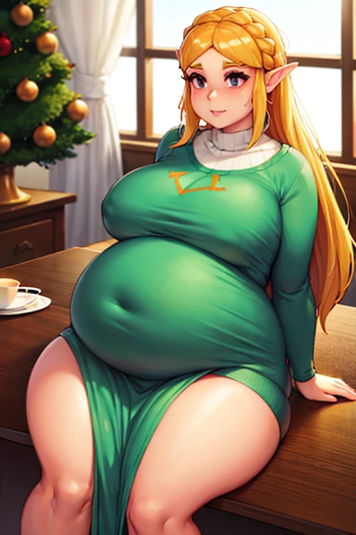Zelda, fat, obese, pregnant, big belly, fat, sweater, Christmas, fat, table with food, sitting