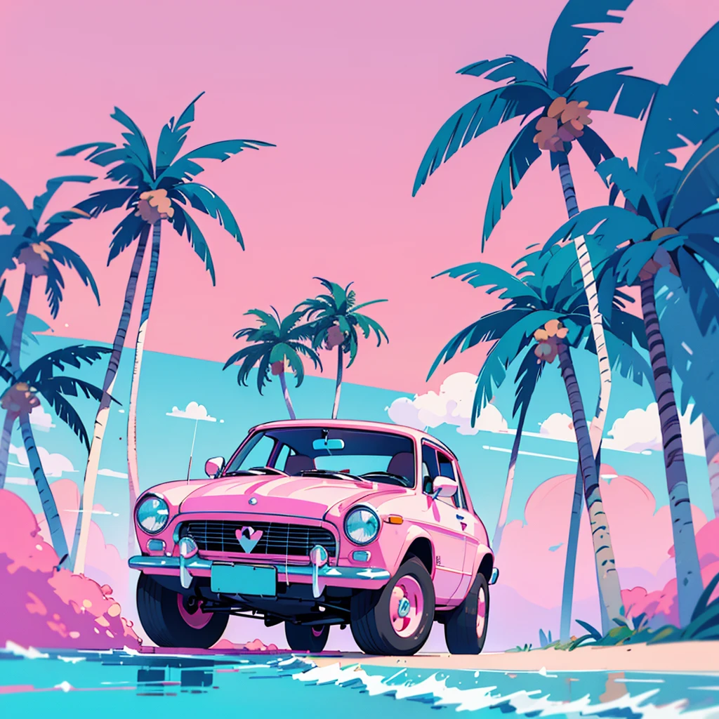 seaside, pink sky, palm tree, blue classic car, blue and pink neon