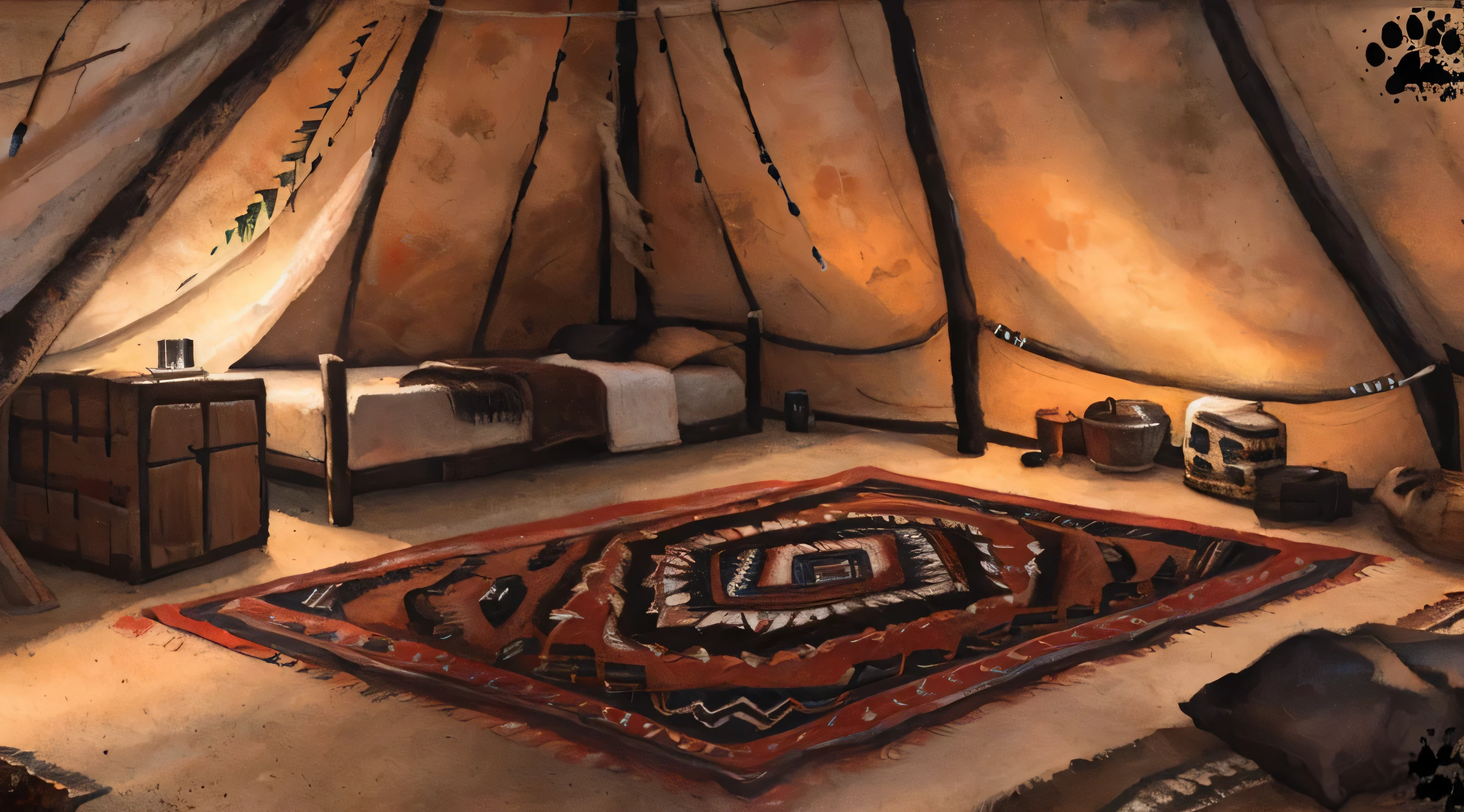 Tribal tent background. detailed background, inside, realistic, photorealistic, ultra realistic, 8k, cozy atmosphere, carpets, (by blotch)