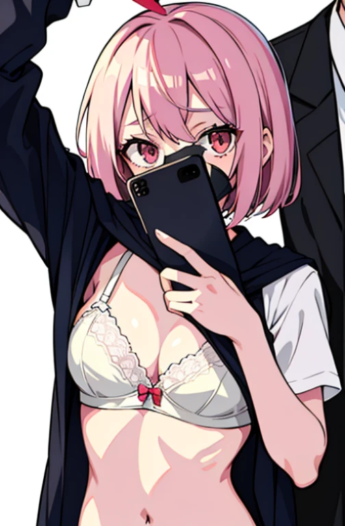 (((head out of frame))), Anime girl in lingerie takes selfie with mobile phone,, wearing bra, mobile phone in front of covering face, one hand on own chest, lifted by self, shirt lift, white background, head out of frame, white background, navel,