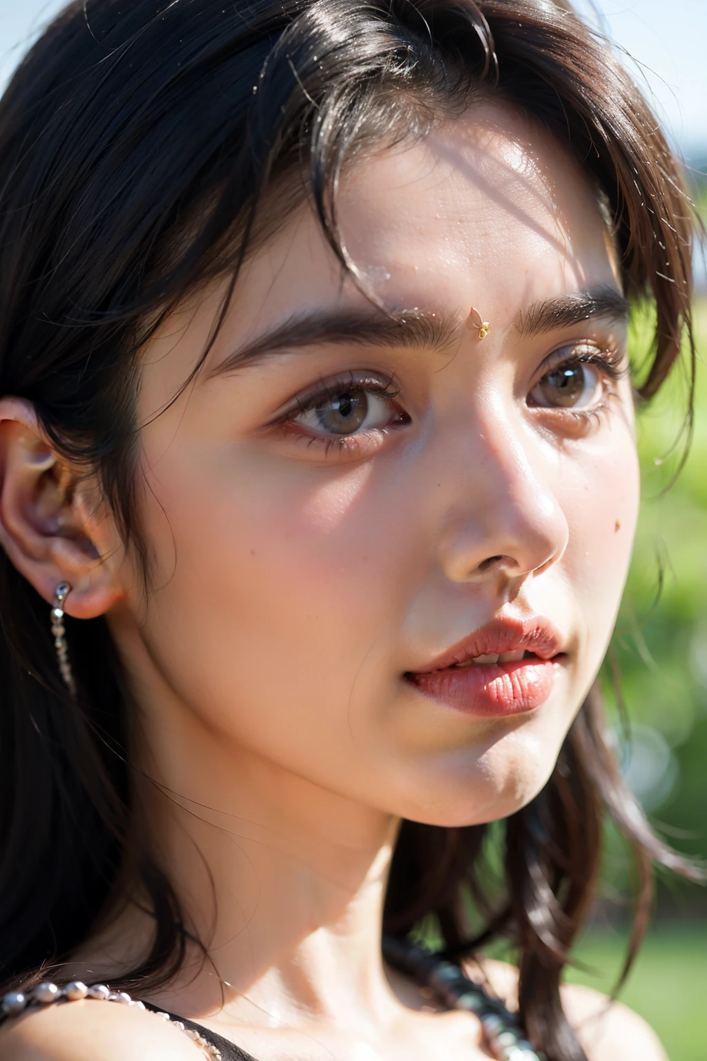 A close-up portrait of a young Indian girl, her dark eyes sparkling with curiosity and mischief, framed by cascading black curls adorned with a single jasmine flower. (Image of A close-up portrait of a young Indian girl with sparkling eyes and jasmine flower)