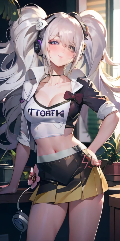 realistic, 1girl, hair over one eye, parted lips, blush, makeup, light smile, white hair, t-shirt, skirt, headphones, glow, thighs, purple eye, bare shoulders, collarbone, narrow waist, bedroom, sunlight, flower, (masterpiece), underwear, potted plant, television, wallpaper, sunbeam,