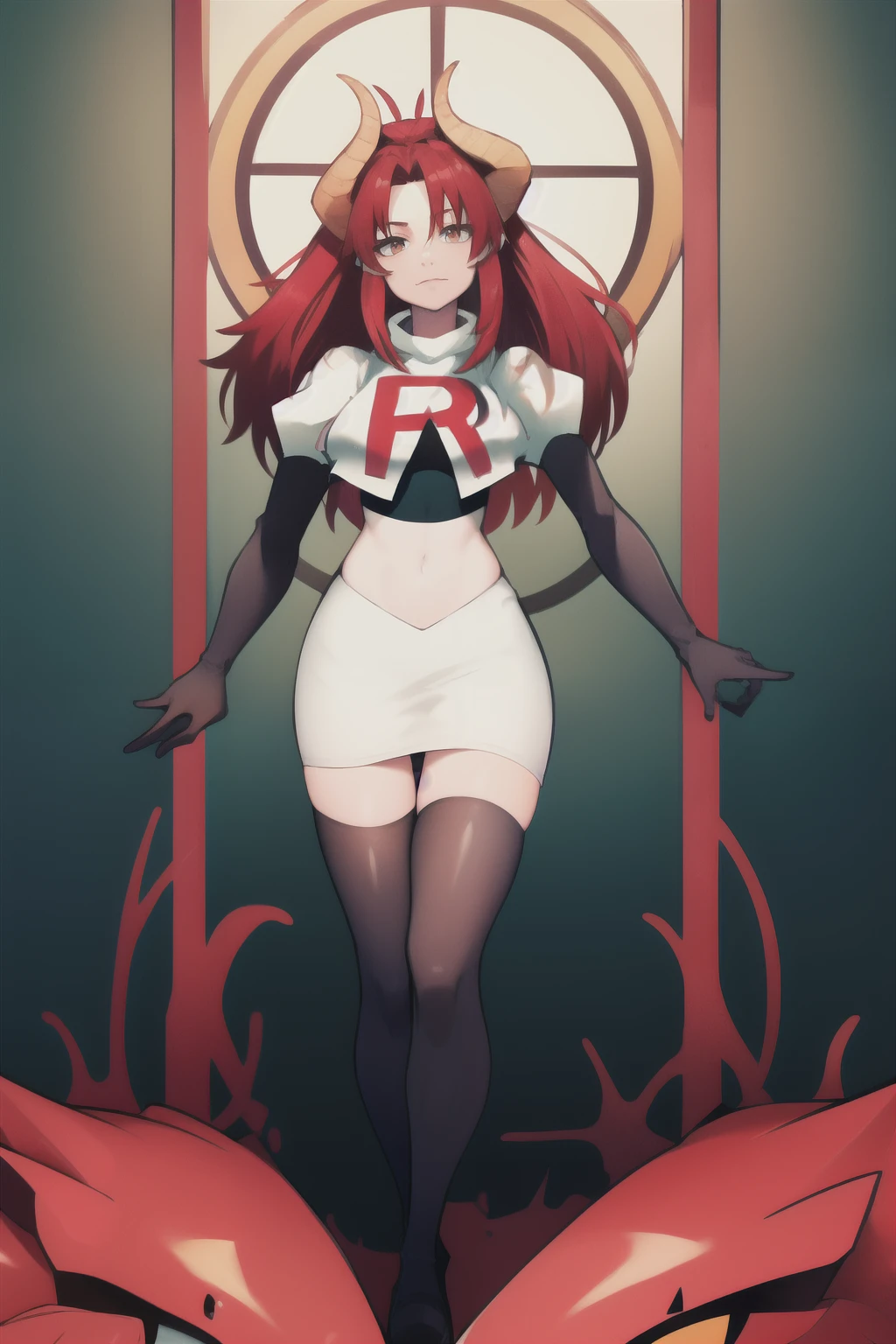 masterpiece, detailed, high quality, absurdres, zentreyad_dragon,red hair, team rocket,team rocket uniform, red letter R, white skirt,white crop top,black thigh-highs, black elbow gloves,