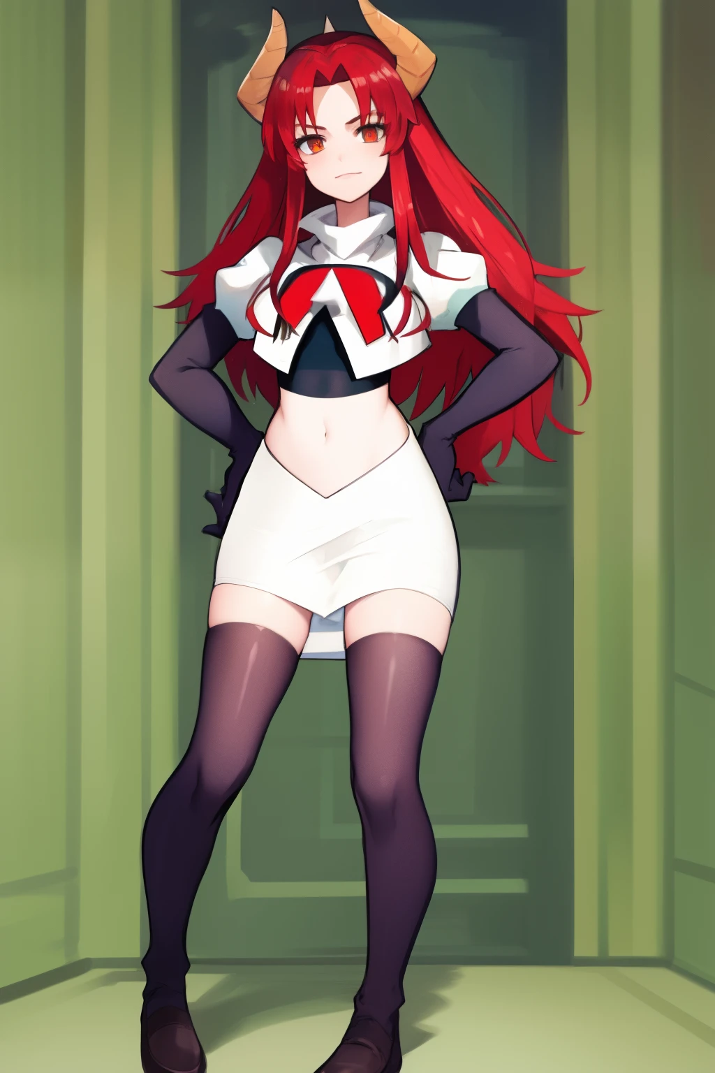 masterpiece, detailed, high quality, absurdres, zentreyad_dragon,red hair, team rocket,team rocket uniform, red letter R, white skirt,white crop top,black thigh-highs, black elbow gloves,