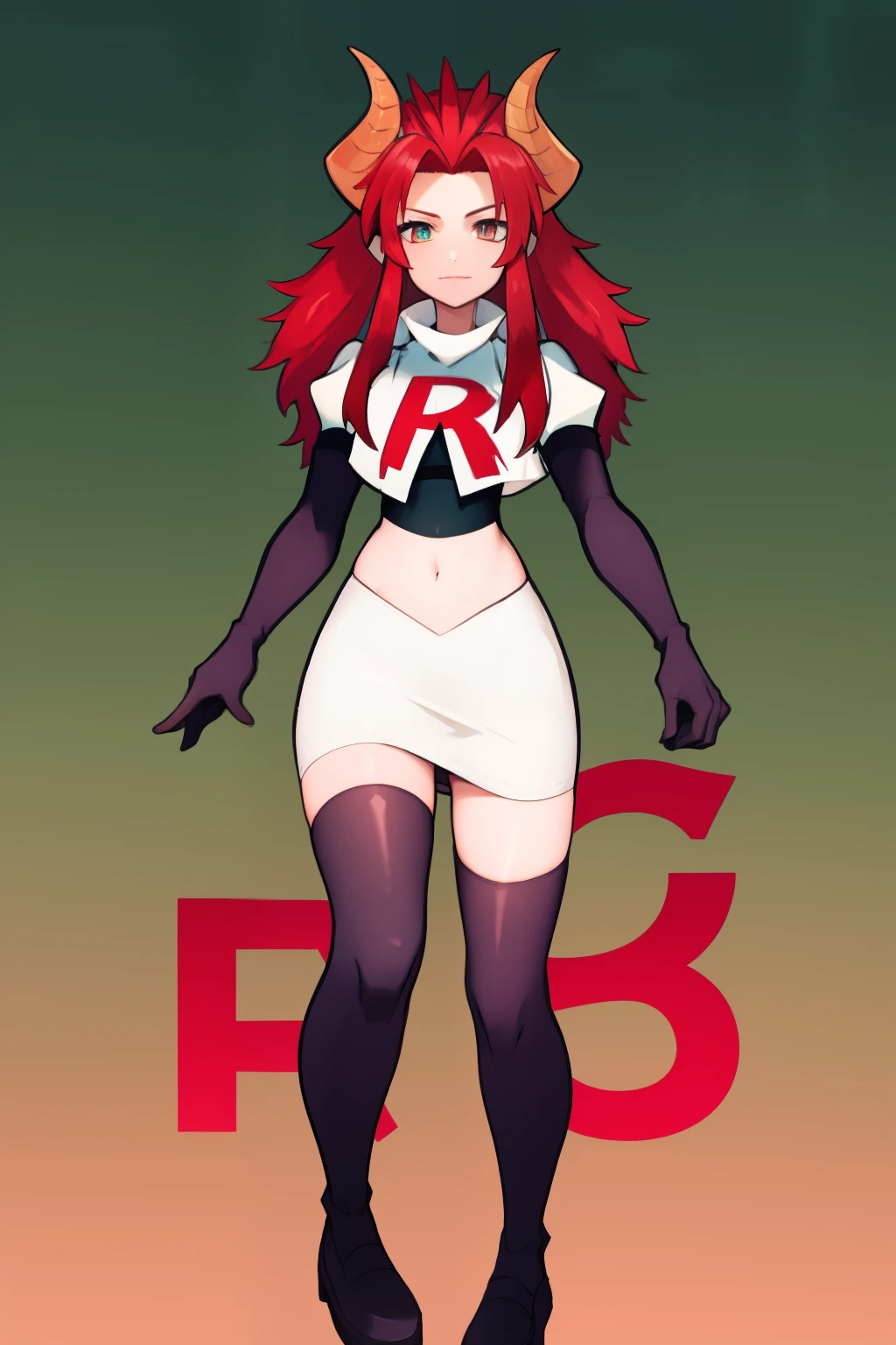 masterpiece, detailed, high quality, absurdres, zentreyad_dragon,red hair, team rocket,team rocket uniform, red letter R, white skirt,white crop top,black thigh-highs, black elbow gloves,