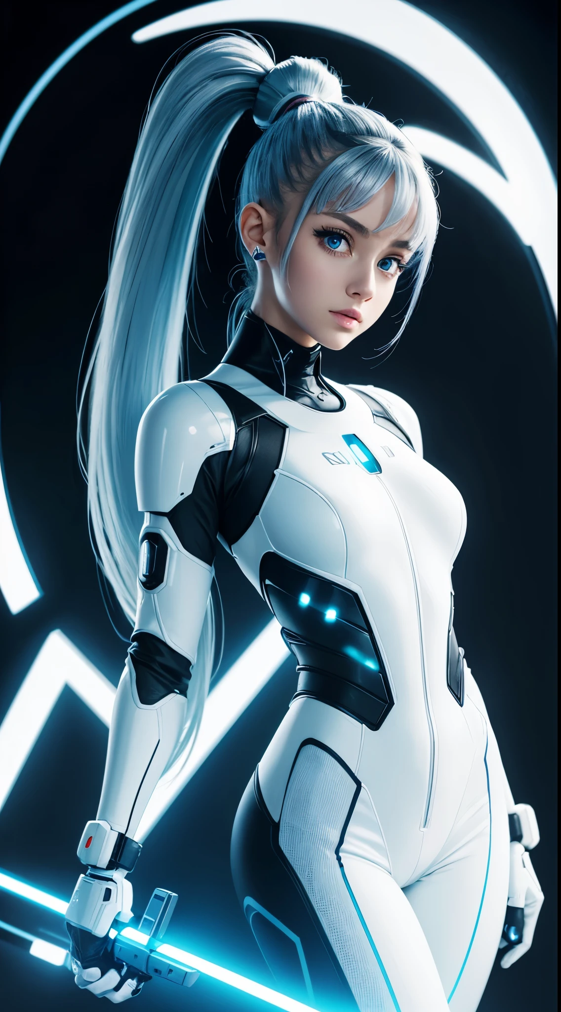 Full-body cybernetic girl with a ponytail. O rosto de Ariana Grande. Bright white color to show that she is a cyber whit laser rifle girl. Sobrancelhas brancas. roupas como catsuit. She also has bright blue eyes. The environment is like a terminator. Hair is platinum. She is illuminated with the bright blue color on one side of her face. Led como. And both hands also have the led light.