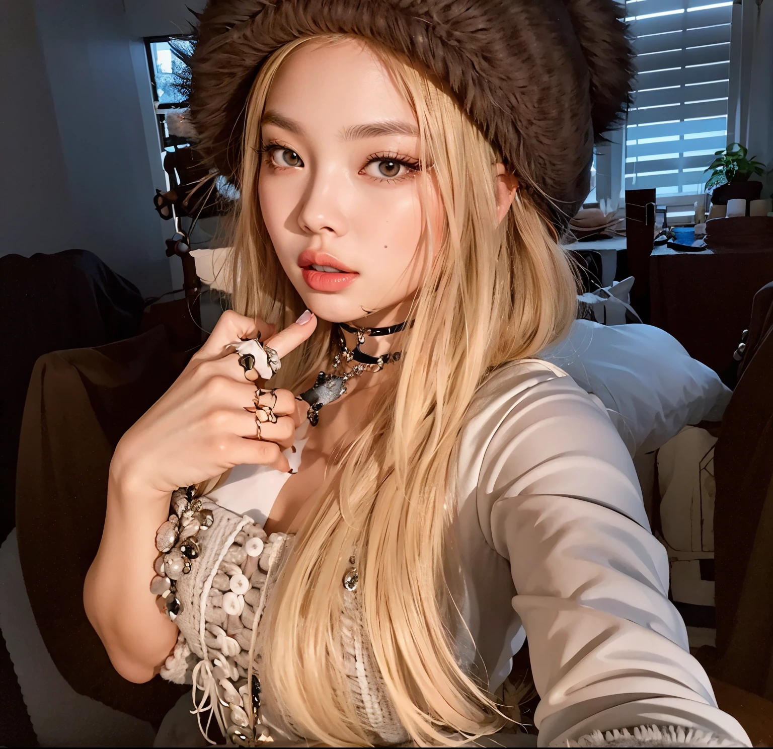 Jennie loira com cabelos longos, wearing a furry hat and gloves, Bela Delfina, longos cabelos loiros e olhos grandes, longos cabelos loiros e olhos grandes, ava max, com cabelos longos brancos, com longos cabelos loiros, segurando uma pose de pudica, Kerli Koiv como garota de anime, com longos cabelos brancos, wearing a choker and a cute hat, jennie blackpink