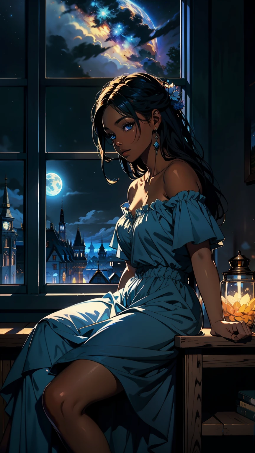 masterpiece, best quality, side profile of an extremely delicate and beautiful girl with dark skin, wearing an off the shoulder dress, resting on a windowsill, nightcore, world masterpiece theater, ultra-detailed, highly detailed, highres, extremely detailed,1girl with dark skin ,illustration, looking at the night sky, beautiful interior and exterior, impasto, canvas, oil painting, realistic, storybook style art, comfy atmosphere, very beautiful fantasy art, beautiful and elegant female celestial, beautiful detailed fantasy, blue color-theme