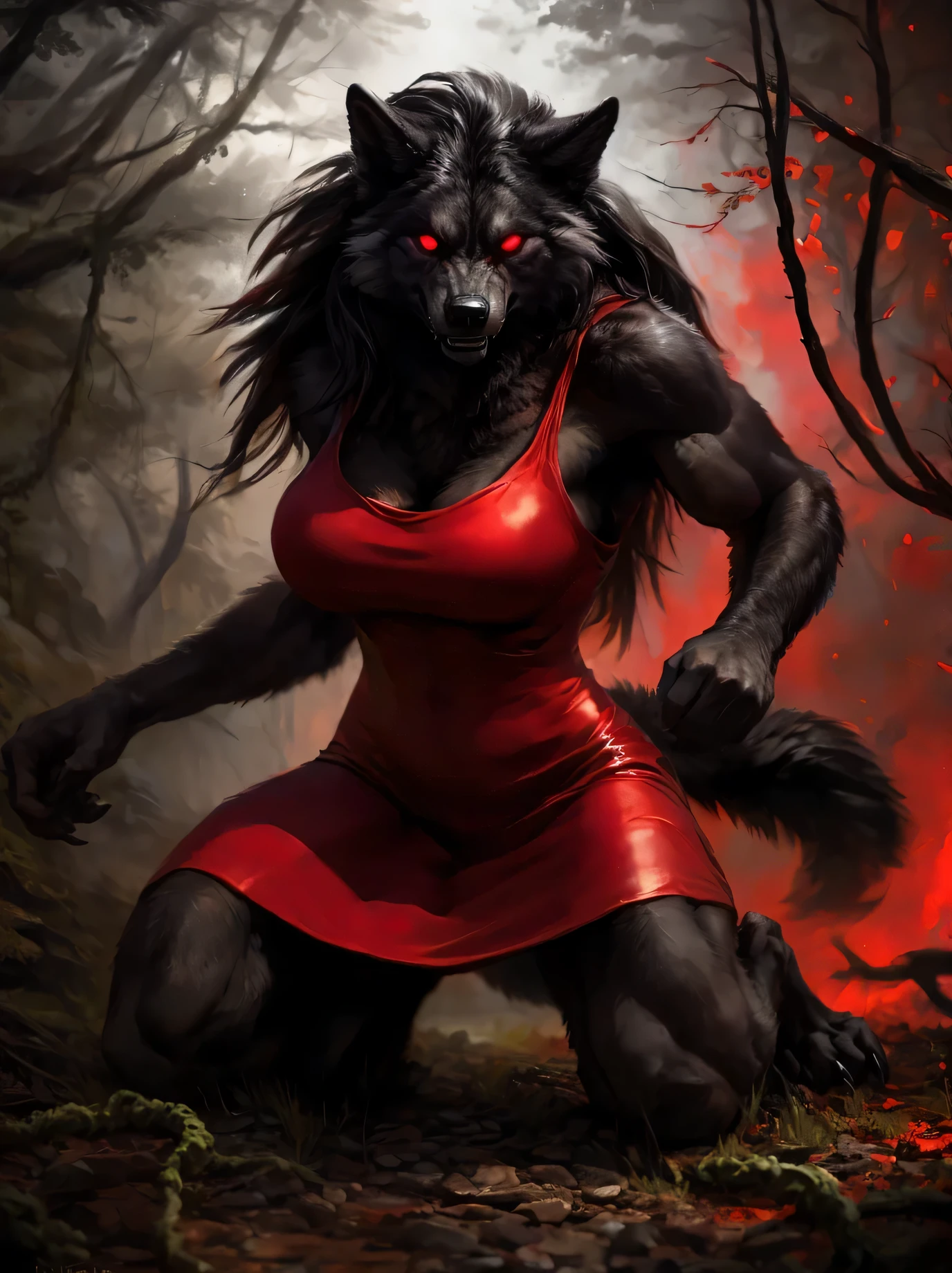 ((Wolf's foot)), Throw, hairy, black Wolf, werewolf, hairy woman, ((black body)), (Black mane), black hair, (whole body), (flowing hair), ((There are no students)), (glowing red eyes), (Provocation), (looking at the audience), ((kneeling)), (crazy eyes), (1 tail), ((muscular)), (biceps muscle mass), (wide waist), (broad shoulders), ((Thick thighig breasts), (charming), (((tight dress))), ((perfect body curves)), ((red dress)), ((short skirt)), ((angry)), ((very long hair)), ((mental control)), (Obsessed), (Dominant), alone, woman, Thief Tojo, minus, chunie, black gem, Humanity, ((Detailed face)), (black forest), (Black mud), (Ruins lack plants, lack vines), ((red theme)), ((horrorcore)),Detailed realistic painting, (Super detailed), Detailed background, digital level, very detailed, depth of field, Unreal Engine, (masterpiece), (anatomically correct), Detailed hands, Detailed face, expressive, epic setting,
