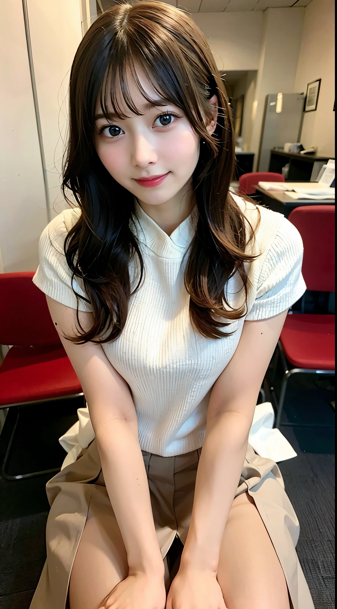 (8k, original photo:1.2),Detailed face and eyes,best quality, ultra high resolution, Very detailed ,intricate details ,on the table ,cute girl , Soft movie lighting, Ultra-detailed,sharp focus, high quality,It's out,bob cuts,a blonde,National Science Foundation, a happy expression, Absolute opportunity, skirt made of, Sit in a chair, spread legs apart, show