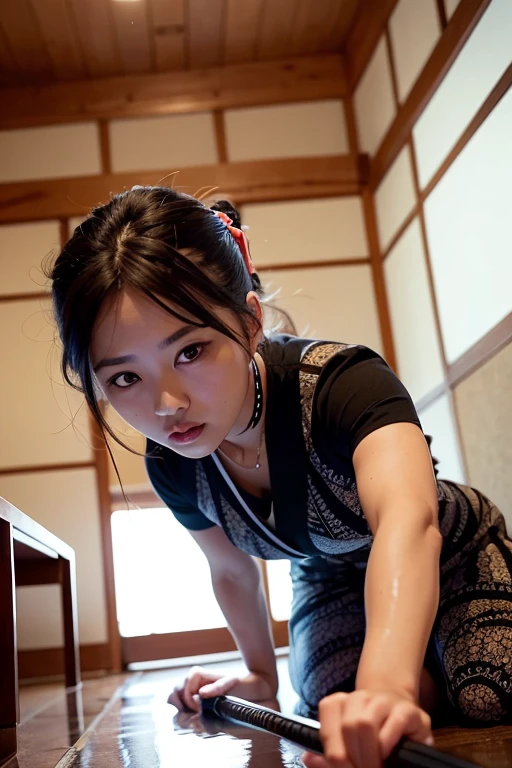 8k, RAW photo, best quality, ultra high resolution, (photorealistic), realistic photo of skinny japanese girl ninja, (skinny japanese girl, 20 years old, most beautiful japanese girl in the world, slim face, black hair, two buns hair, double buns), in the temple at night, japanese temple, mortal combat, bright moon light light, (full body picture), sitting on the floor, meditating, sexy pose, ninja, wearing black ninja costume (black ninja costume), (looking at viewer), fierce look, menace, (extremely detailed CG unity 8k wallpaper), Sharp focus, (bright light)
