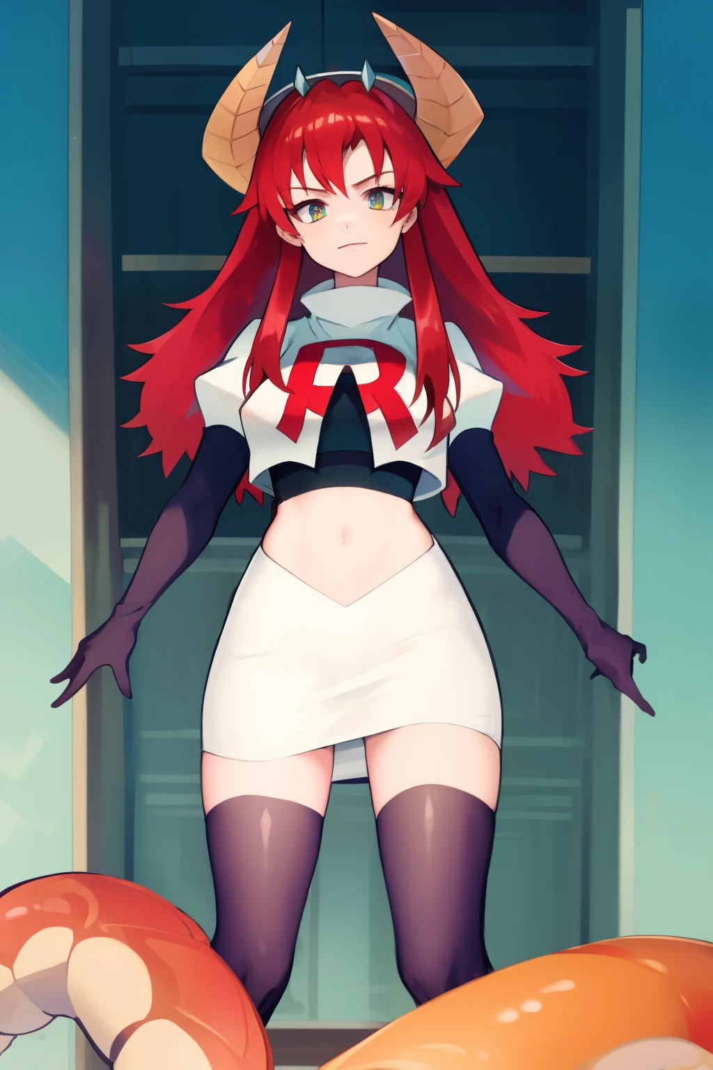 masterpiece, detailed, high quality, absurdres, zentreyad_dragon,red hair, team rocket,team rocket uniform, red letter R, white skirt,white crop top,black thigh-highs, black elbow gloves,