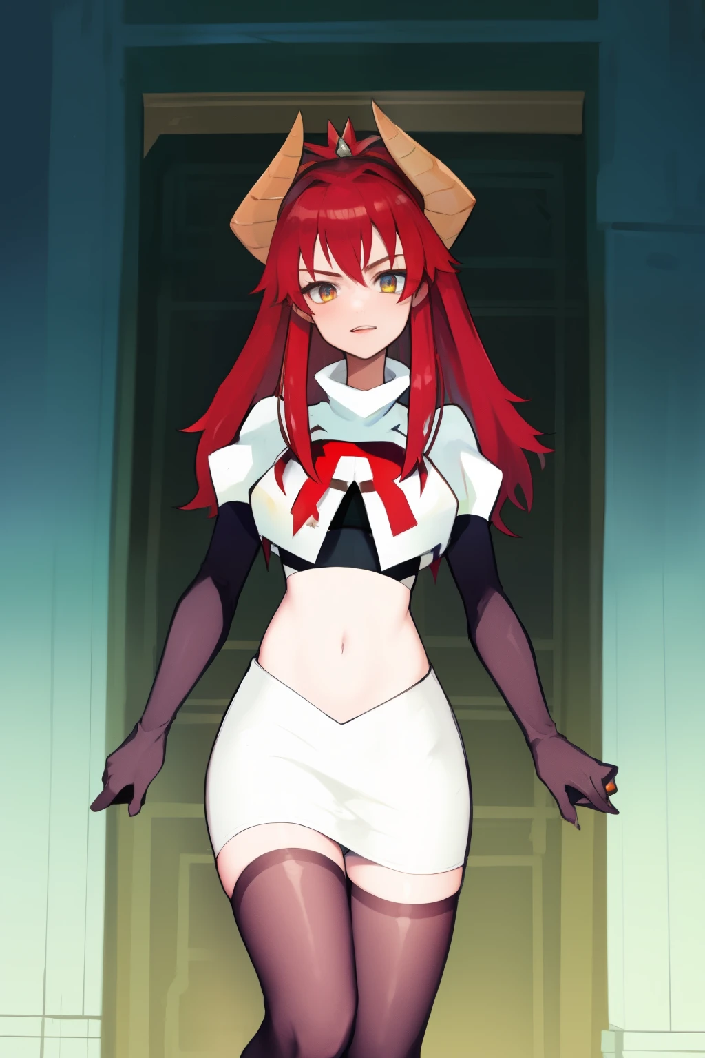 masterpiece, detailed, high quality, absurdres, zentreyad_dragon,red hair, team rocket,team rocket uniform, red letter R, white skirt,white crop top,black thigh-highs, black elbow gloves,