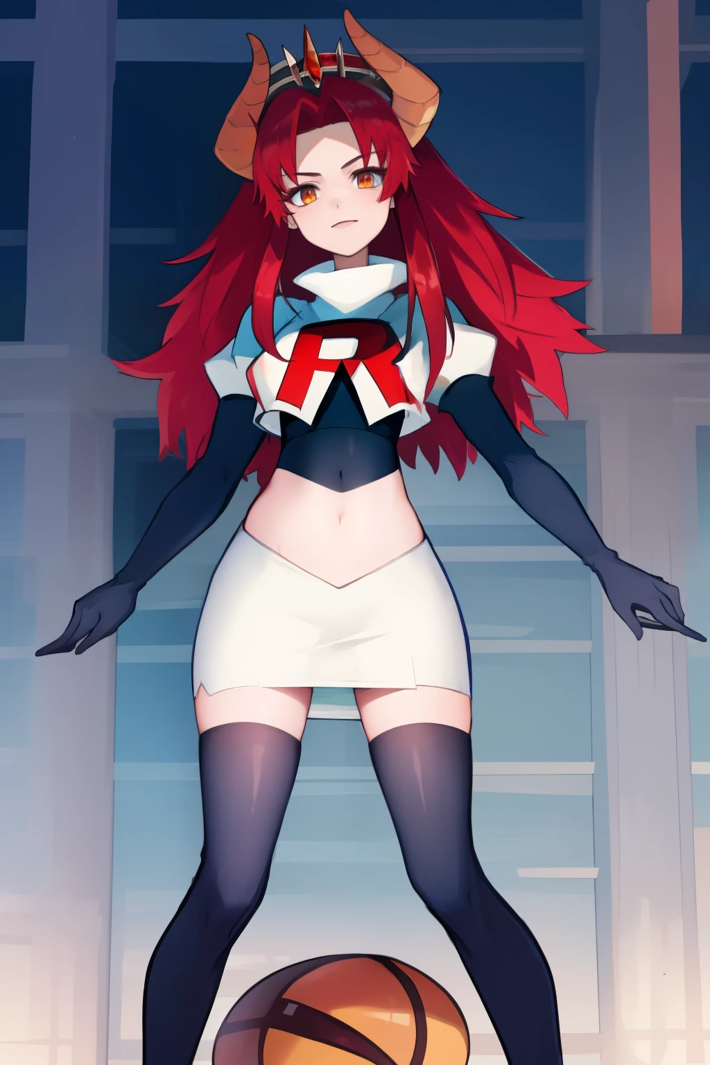 masterpiece, detailed, high quality, absurdres, zentreyad_dragon,red hair, team rocket,team rocket uniform, red letter R, white skirt,white crop top,black thigh-highs, black elbow gloves,