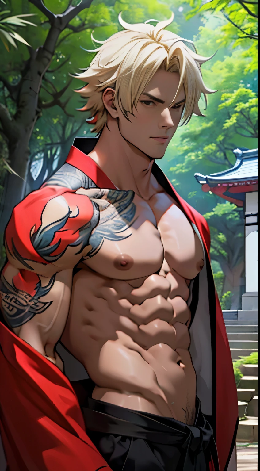 (Best Quality,4K,masutepiece:1.2),Handsome man,Dragon incarnation,shrines,Nature,hair messy,Kimono attracts,Upper body naked,Scale pattern tattoo,hightquality、Kimono with scale pattern