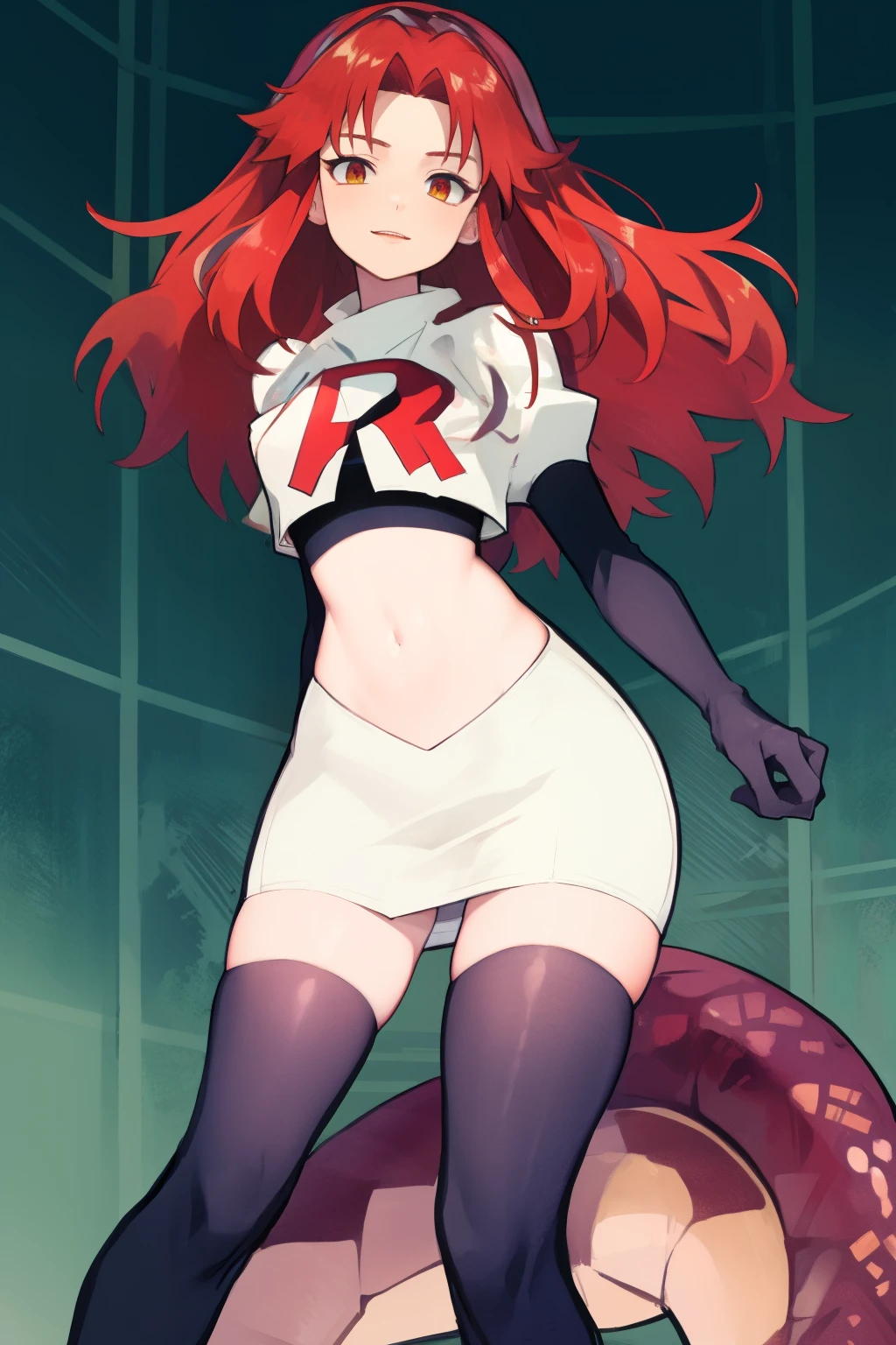 masterpiece, detailed, high quality, absurdres, zentreyad_dragon,red hair, team rocket,team rocket uniform, red letter R, white skirt,white crop top,black thigh-highs, black elbow gloves,