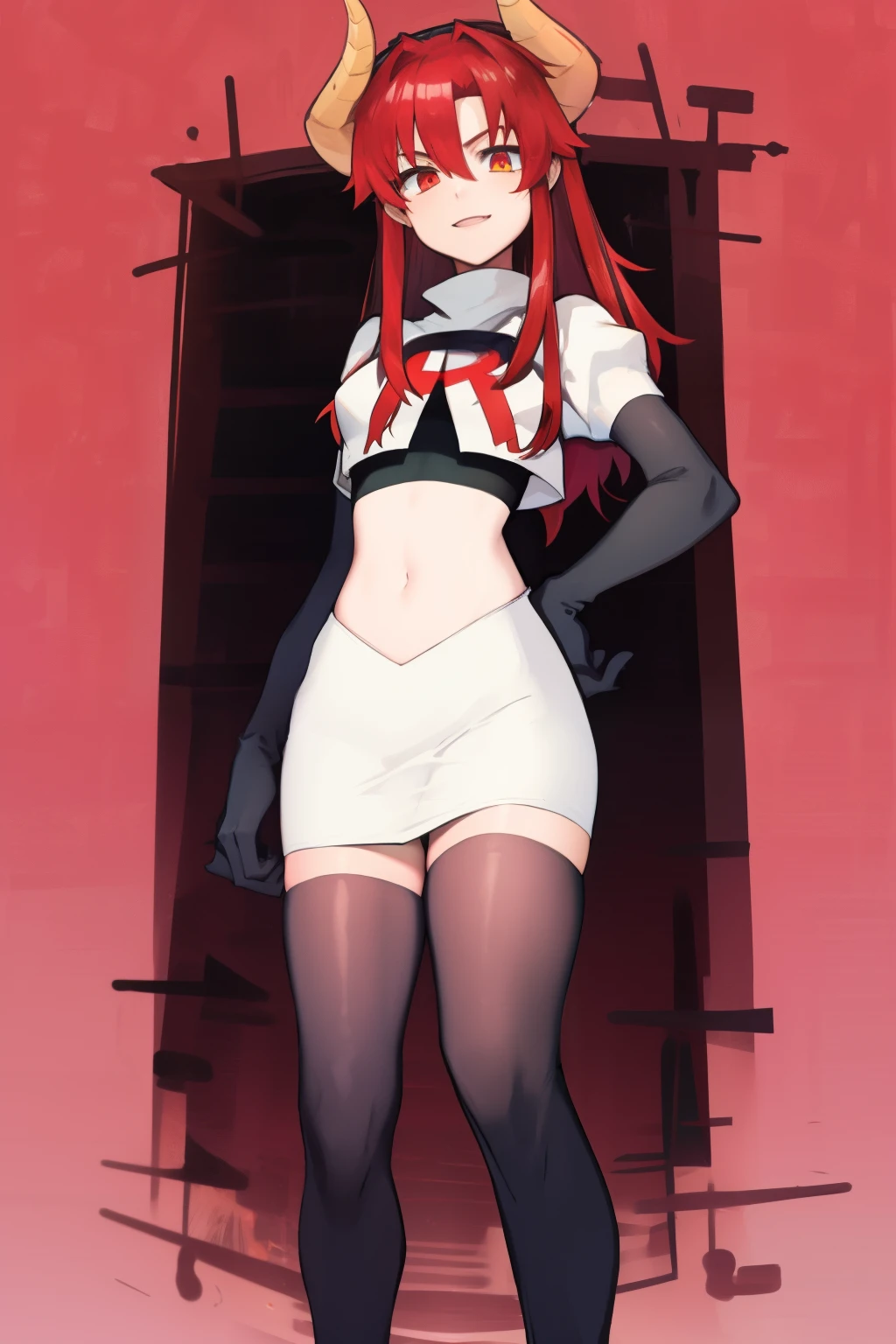 masterpiece, detailed, high quality, absurdres, zentreyad_dragon,red hair, team rocket,team rocket uniform, red letter R, white skirt,white crop top,black thigh-highs, black elbow gloves,