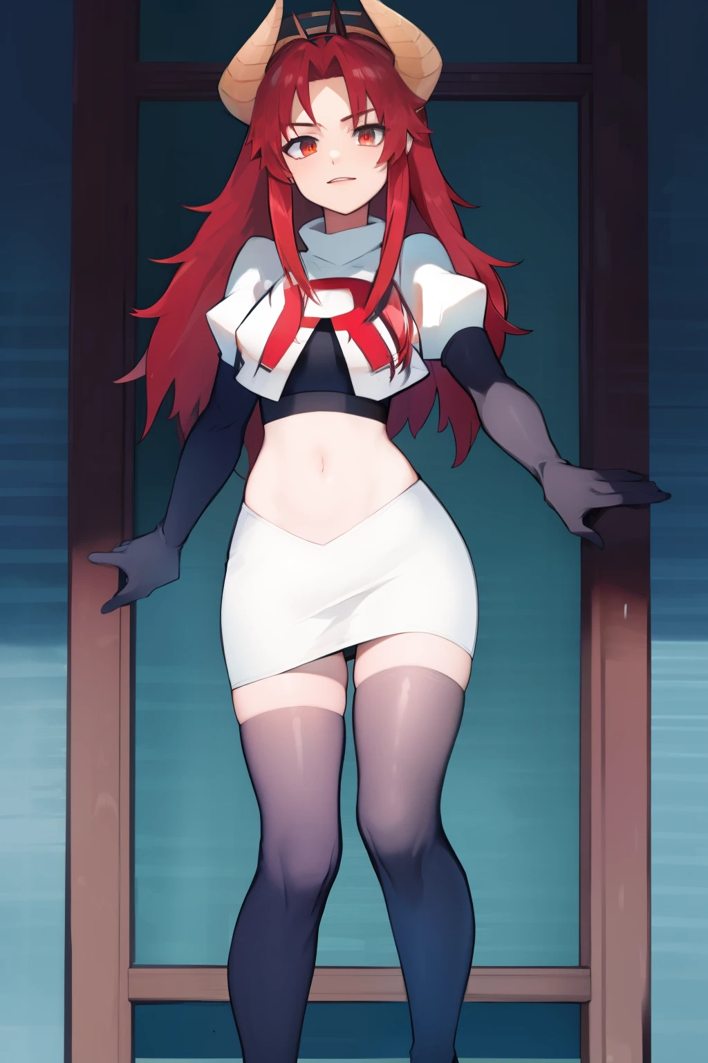 masterpiece, detailed, high quality, absurdres, zentreyad_dragon,red hair, team rocket,team rocket uniform, red letter R, white skirt,white crop top,black thigh-highs, black elbow gloves,