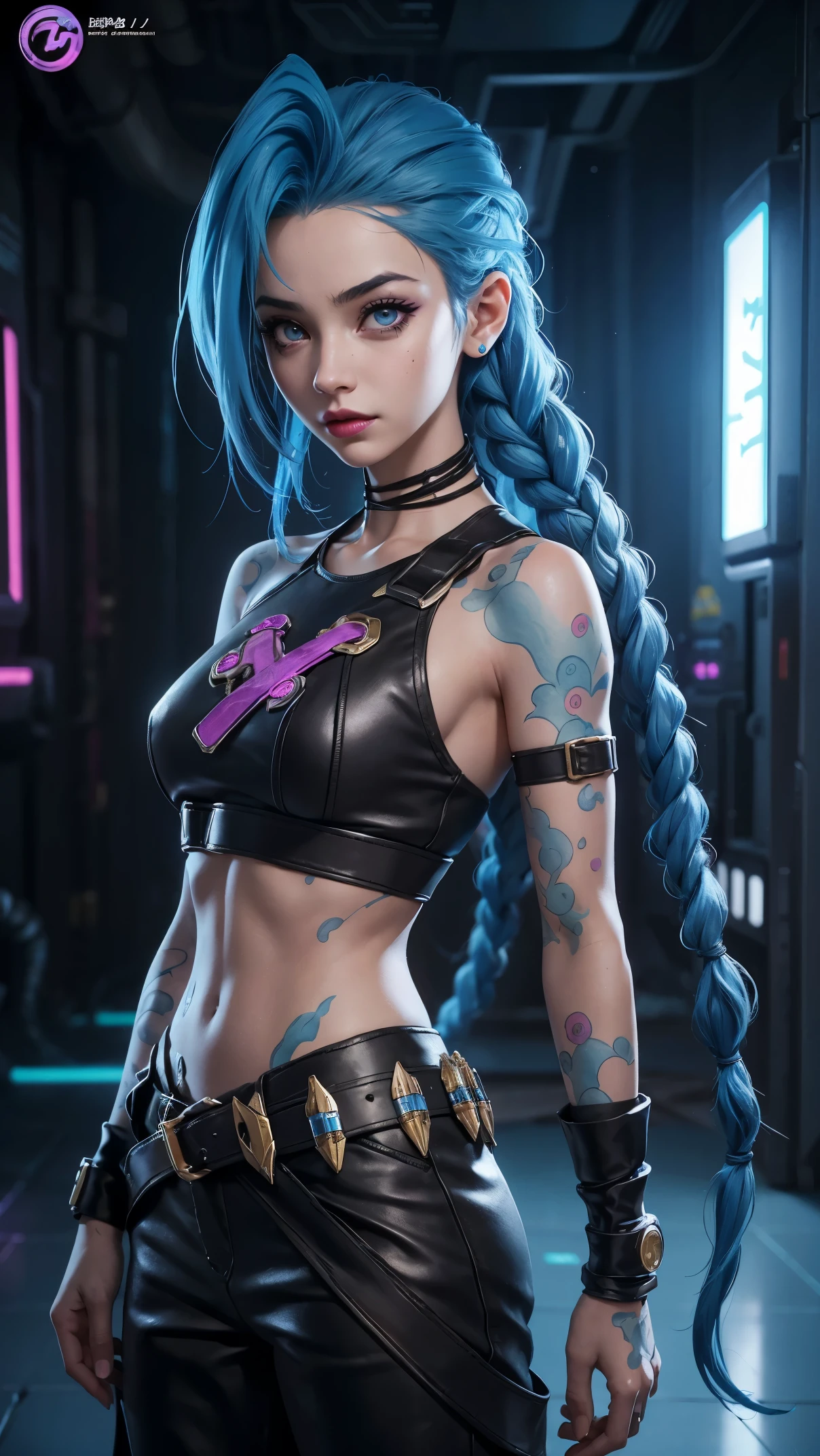 jinx arcano, uma mulher com cabelo azul e tatuagens, mulher cyberpunk mulher anime, pants, Deusa cyberpunk raivosa bonita, estilo de arte cyberpunk, arte digital de anime cyberpunk, arte de anime cyberpunk, Arcane Jinx Retrato, arte de anime cyberpunk, arte com tema cyberpunk, cyberpunk fantasia sombria, estilo arcano, 1 garota, cloud tattoo on the arm, asymmetrical bangs, franja, cabelo azul, blue braids, camisa marrom, tatuagem de nuvem, lateralmente, cabelo azul, cabelo longo, olhos cor de rosa, Red lips, standing , tatuagem de nuvem, Twin braids. Jinx de arcano. Jinx em um lugar em chamas, spark, esferas de luz, Film Poster, Jinx, Arcane\(Liga das Lendas\