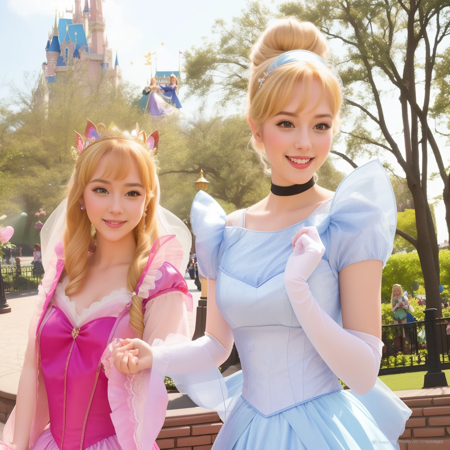 two women dressed in costumes posing for a picture in a park, princess in foreground, sleeping beauty fairytale, disney princess, blonde - haired princess, disney character, cinderella, disney's princess, disney world, pixie dust magic, smiling as a queen of fairies, disney land, walt disney world, disney photo realistic, magic kingdom, disneyland, disney!!, fairytale