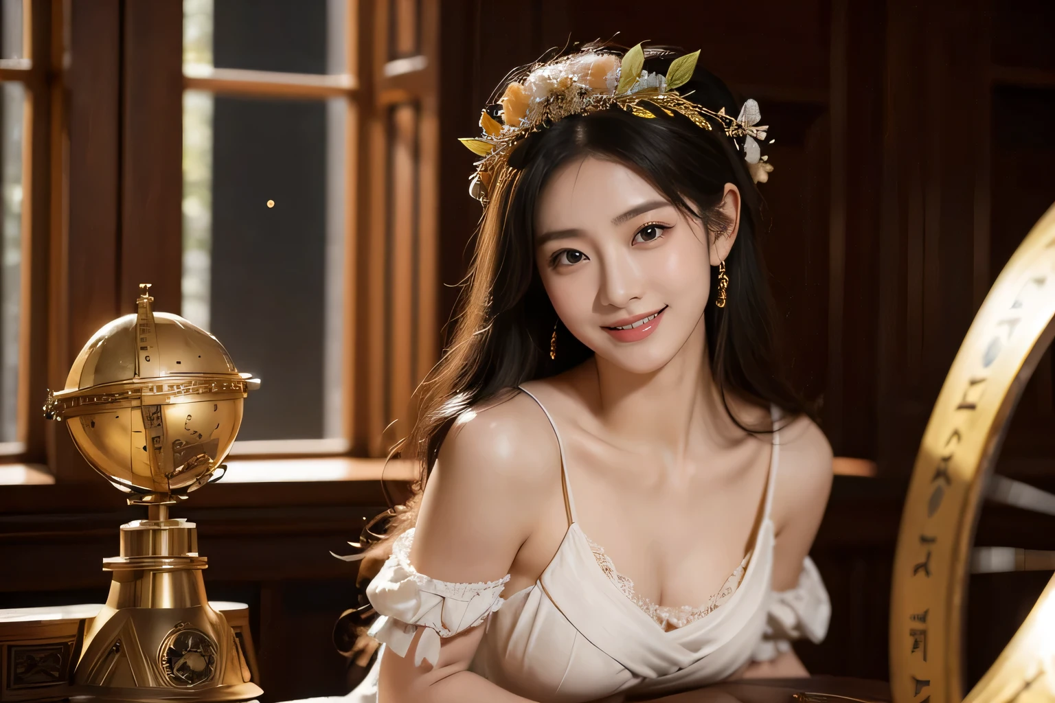 female mathematician,Ancient Greek costumes,Astronomical machinery,antique,A smile,,Sweet and seductive appearance.、Caravaggio's paintings、Chiaroscuro of Caravaggio,,Cute smile, Expression of ecstasy,erotick,A sexy