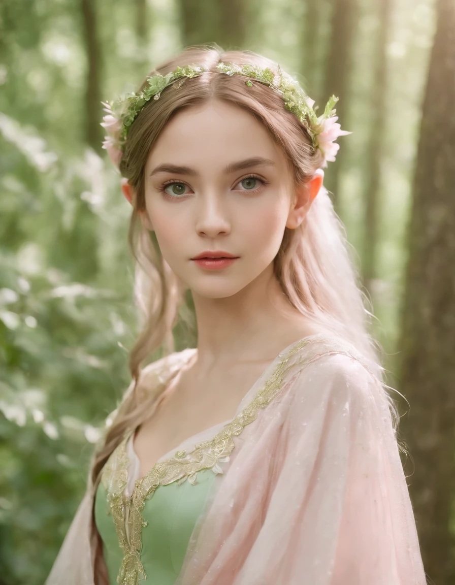 (A lovely ), Elf princess in the forest, pointed ears, Light pink and light green style, anime aesthetics, detailed clothing, Can't believe how beautiful this , real technology, birds and flowers, Light gold and green, Upper body