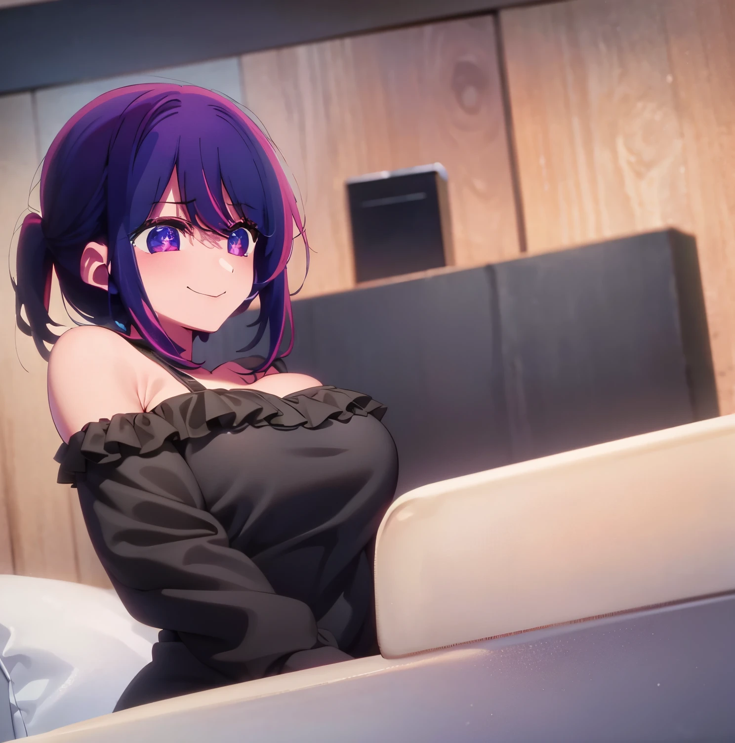 ​masterpiece, best quality, highres, 8K, ,medium breasts,1 girl,1 boy,sex,orgasm,im Bett,black swimsuit,purple hair, screaming, hearts in the air, boy pulls on his underwear