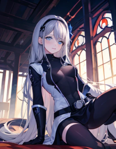 table top, highest quality,sleeping face up in bed,Crab crotch,please show me your boots,thigh high boots,glove,Strange thieves,elegant, 1 girl, muscular,cute, blushed, looking at the viewer, from below,body suit, prison,blue eyes, beautiful eyes, beautiful background, particles of light, Light of the sun, dramatic lighting, outside, shiny, realistic, table top, highest quality, super detailed, be familiar with, scenery, beautiful and fine eyes, fine hair