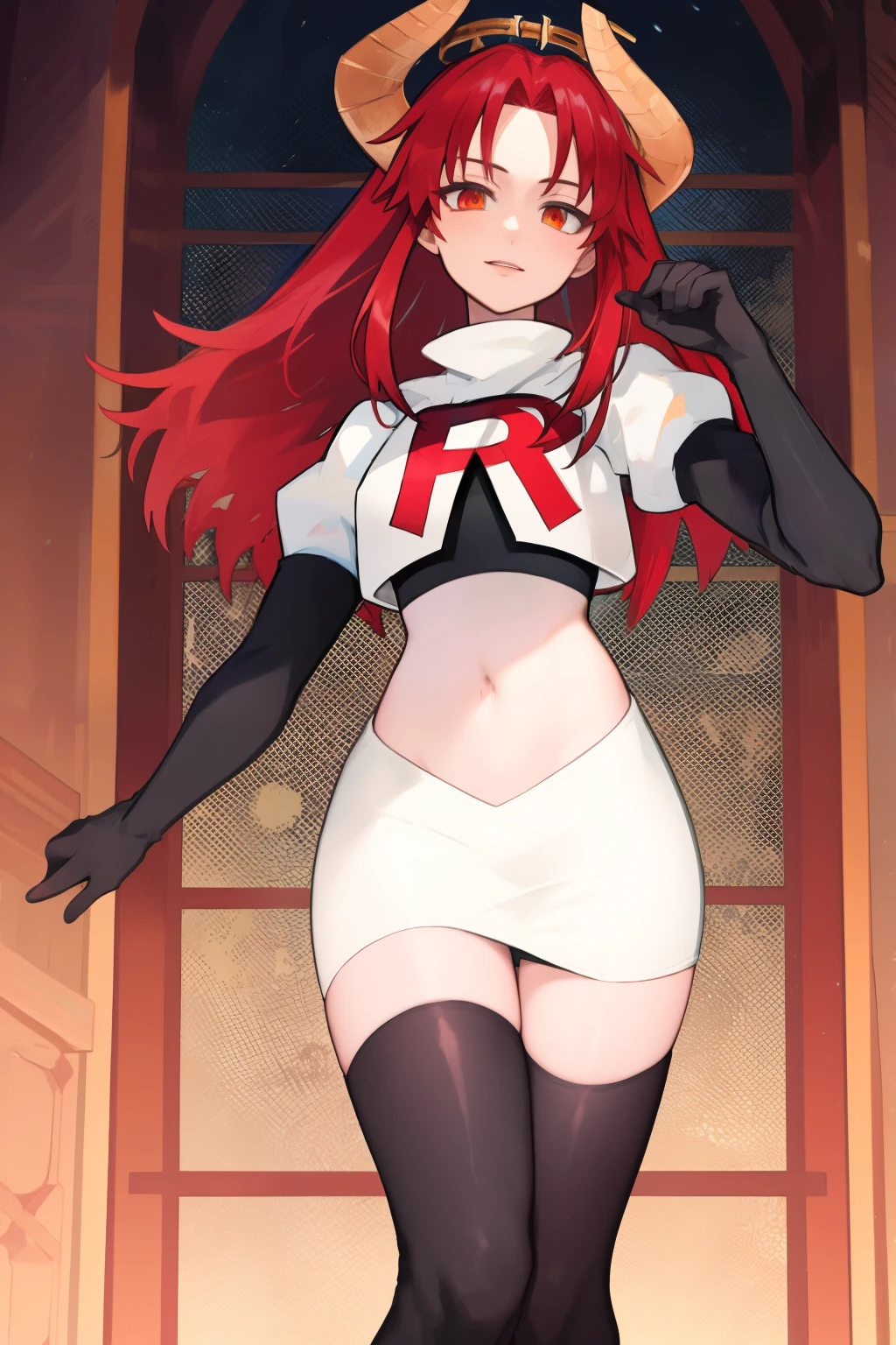 masterpiece, detailed, high quality, absurdres, zentreyad_dragon,red hair, team rocket,team rocket uniform, red letter R, white skirt,white crop top,black thigh-highs, black elbow gloves,