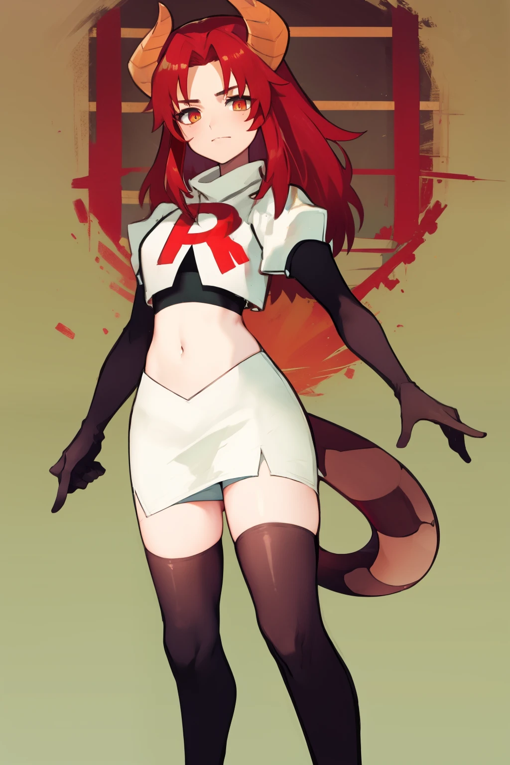 masterpiece, detailed, high quality, absurdres, zentreyad_dragon,red hair, team rocket,team rocket uniform, red letter R, white skirt,white crop top,black thigh-highs, black elbow gloves,