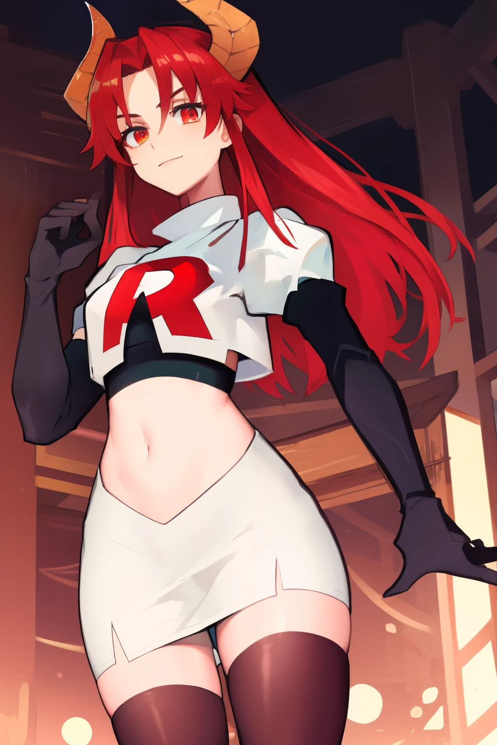 masterpiece, detailed, high quality, absurdres, zentreyad_dragon,red hair, team rocket,team rocket uniform, red letter R, white skirt,white crop top,black thigh-highs, black elbow gloves,