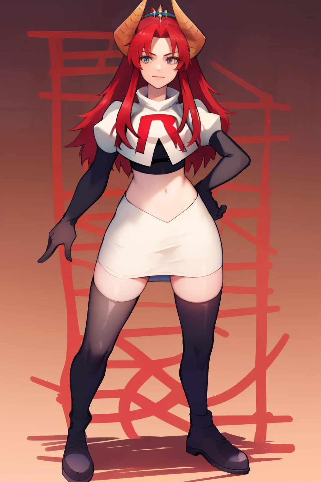 masterpiece, detailed, high quality, absurdres, zentreyad_dragon,red hair, team rocket,team rocket uniform, red letter R, white skirt,white crop top,black thigh-highs, black elbow gloves,