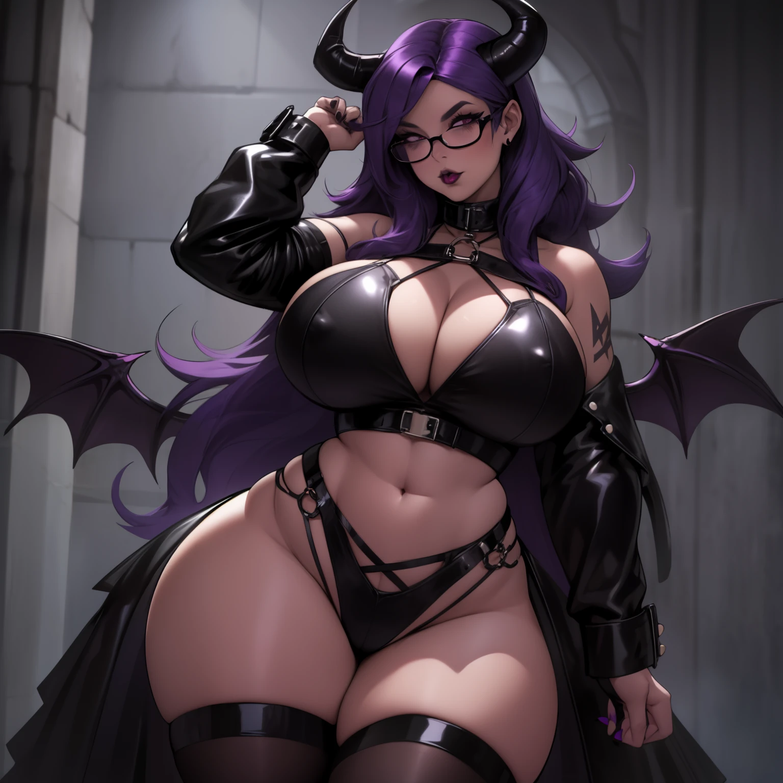 incredibly curvy thicc goth woman with wide hips, thick thighs, wide hips, busty, curvy, gothic succubus vibes, wearing black leather micro bikini, long purple hair, wearing glasses, solo, alone, (SOLO)(ALONE)